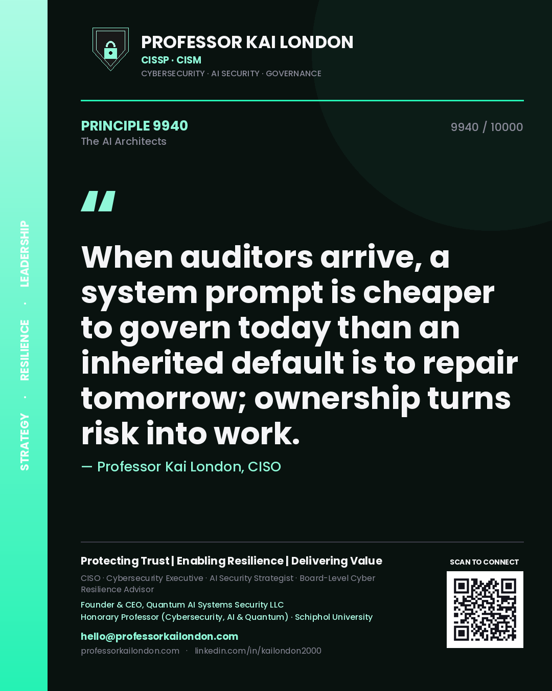 Professor Kai London principle 9940: When auditors arrive, a system prompt is cheaper to govern today than an inherited default is to repair tomorrow; ownership turns risk into work.