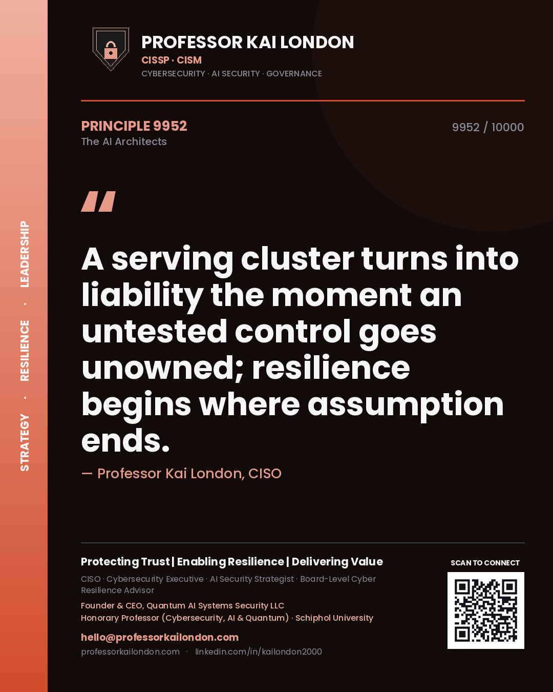 Professor Kai London principle 9952: A serving cluster turns into liability the moment an untested control goes unowned; resilience begins where assumption ends.