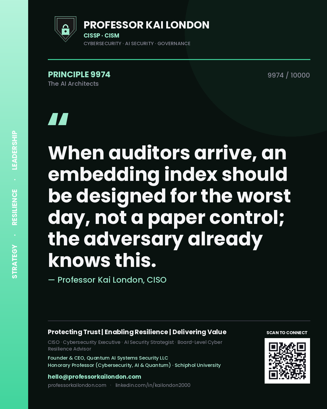 Professor Kai London principle 9974: When auditors arrive, an embedding index should be designed for the worst day, not a paper control; the adversary already knows this.