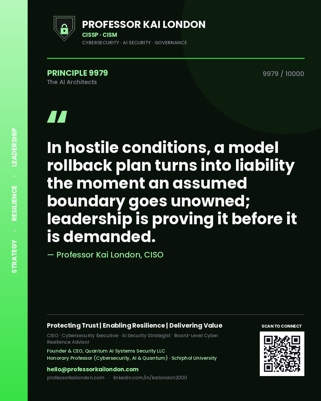 Professor Kai London principle 9979: In hostile conditions, a model rollback plan turns into liability the moment an assumed boundary goes unowned; leadership is proving it before it is demanded.