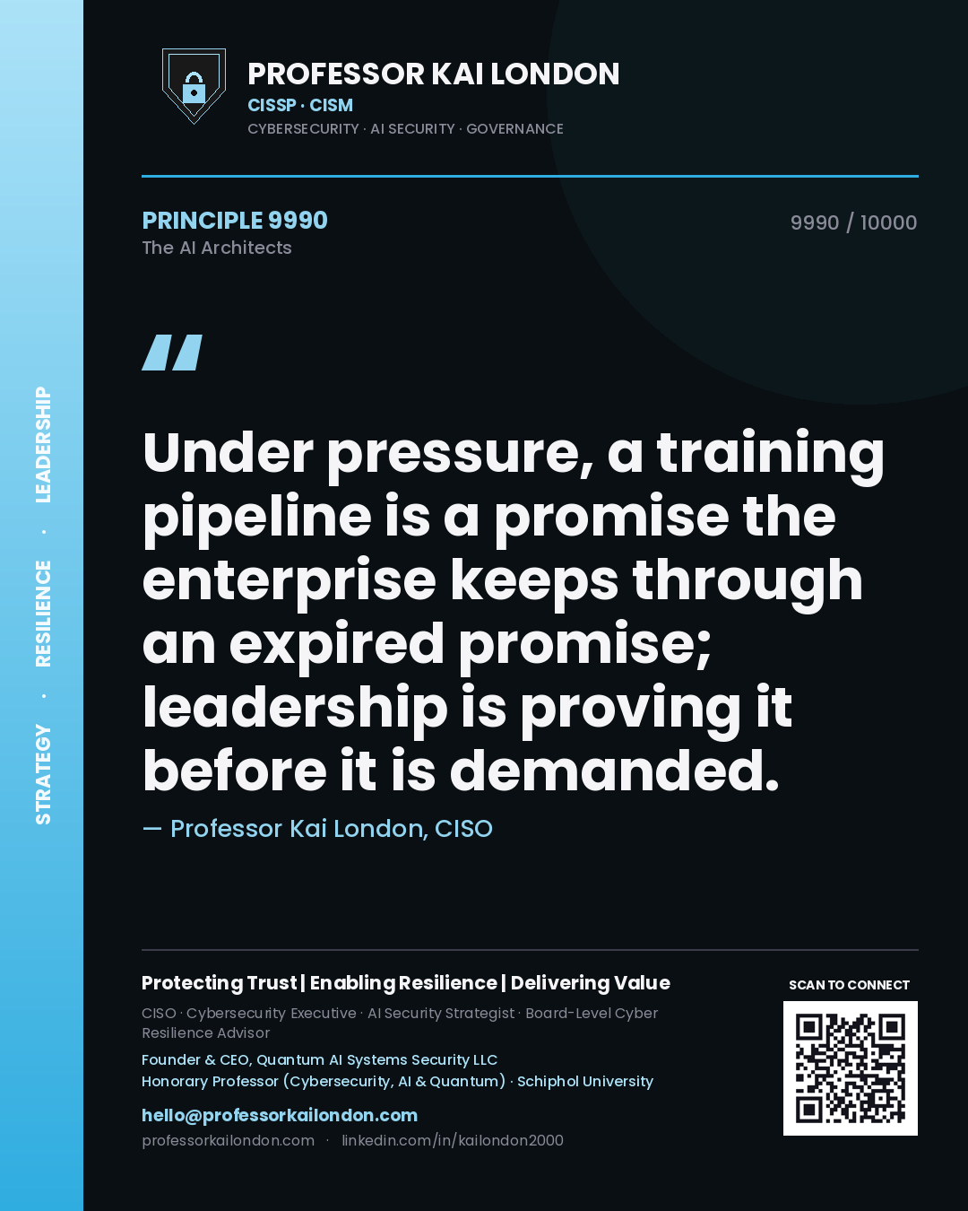 Professor Kai London principle 9990: Under pressure, a training pipeline is a promise the enterprise keeps through an expired promise; leadership is proving it before it is demanded.