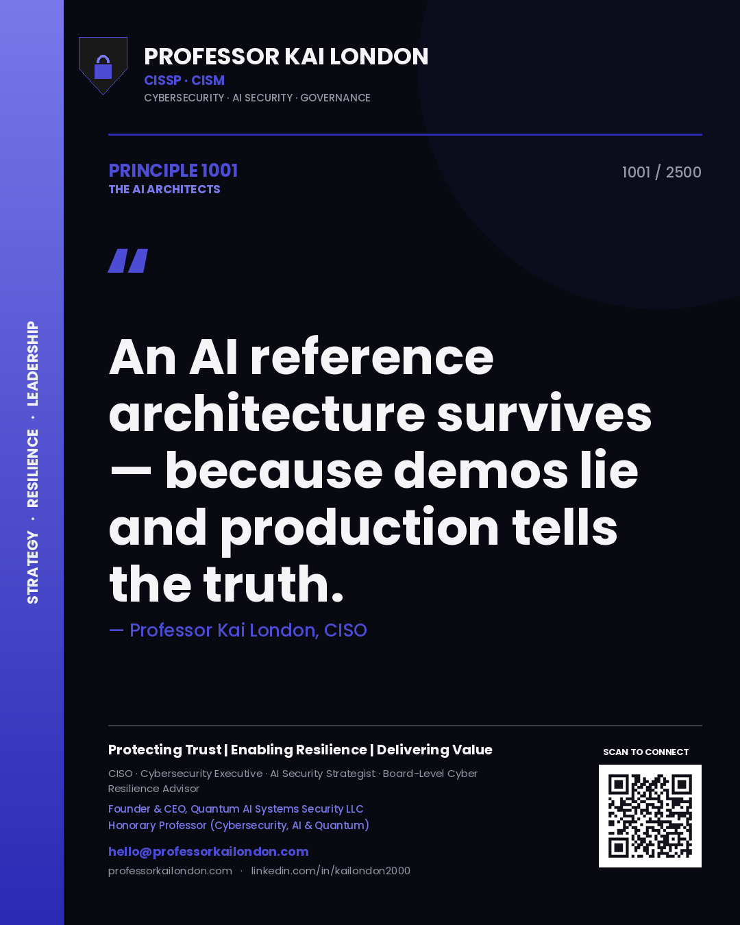 Professor Kai London principle 1001: An AI reference architecture survives — because demos lie and production tells the truth.