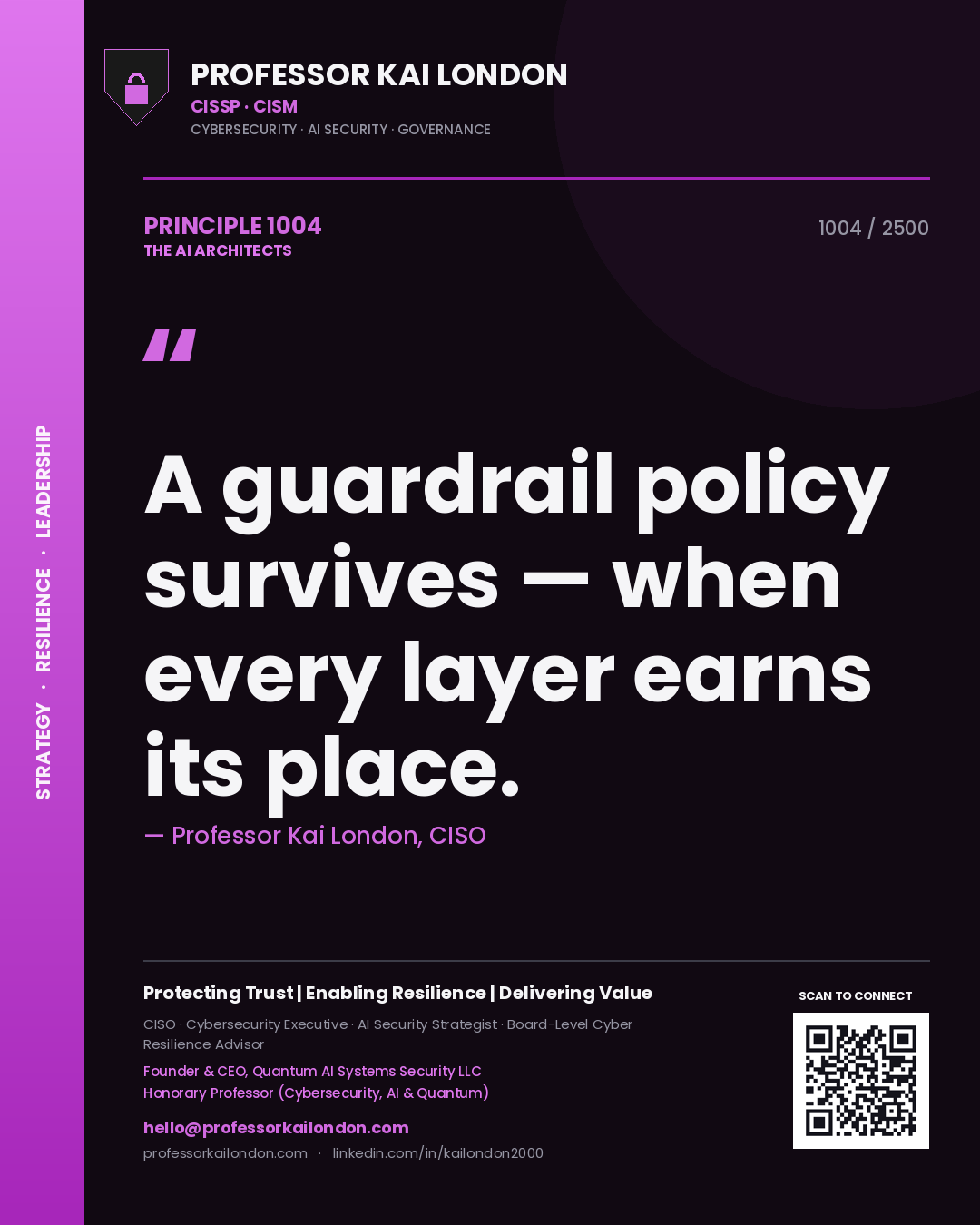 Professor Kai London principle 1004: A guardrail policy survives — when every layer earns its place.