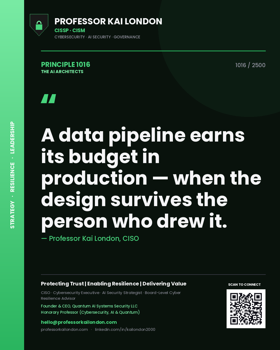 Professor Kai London principle 1016: A data pipeline earns its budget in production — when the design survives the person who drew it.