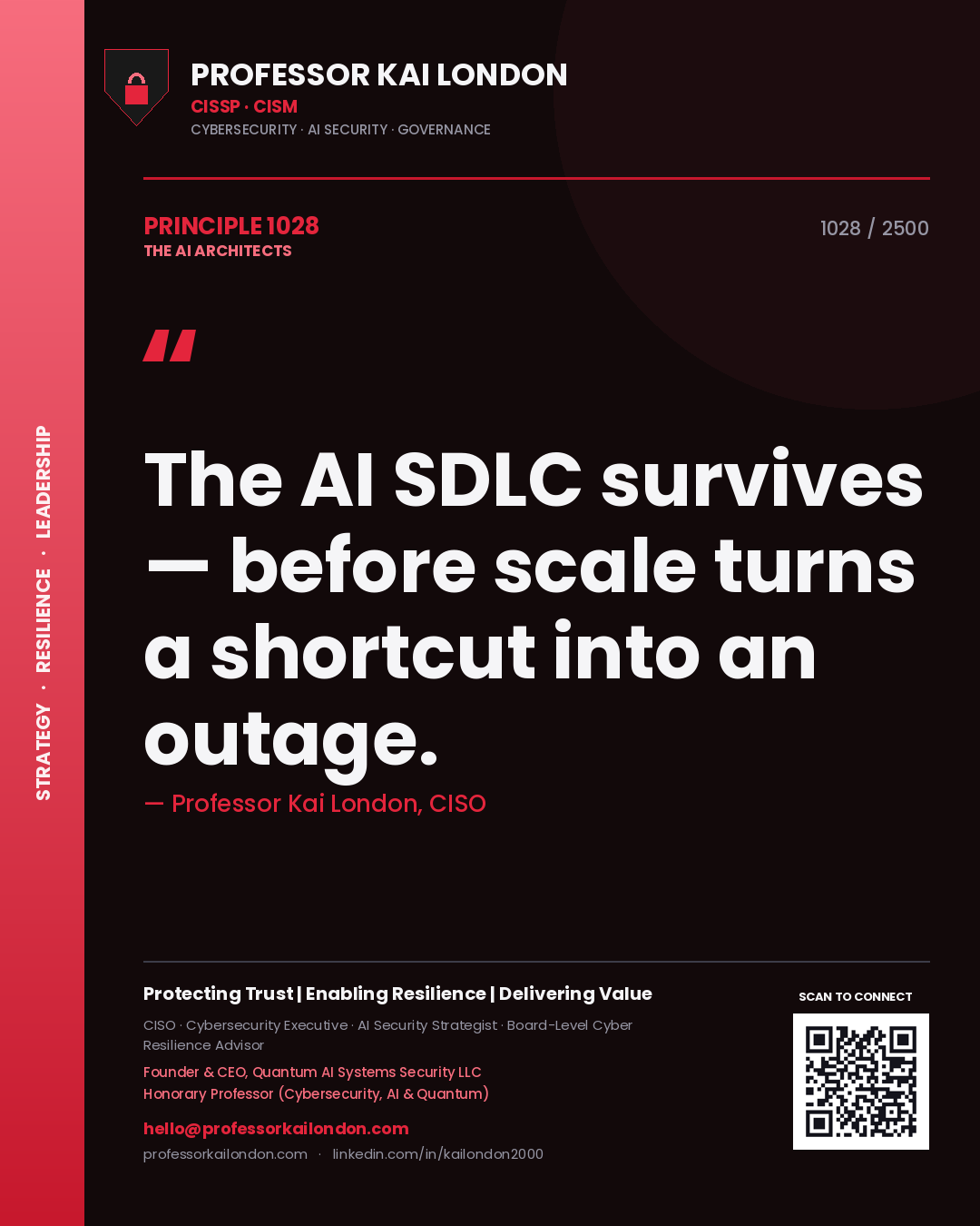 Professor Kai London principle 1028: The AI SDLC survives — before scale turns a shortcut into an outage.