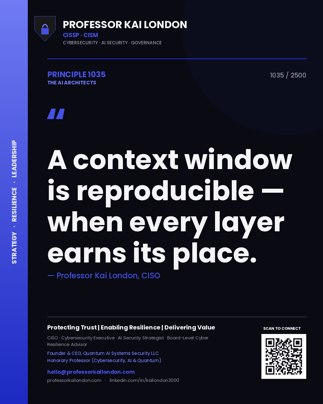 Professor Kai London principle 1035: A context window is reproducible — when every layer earns its place.