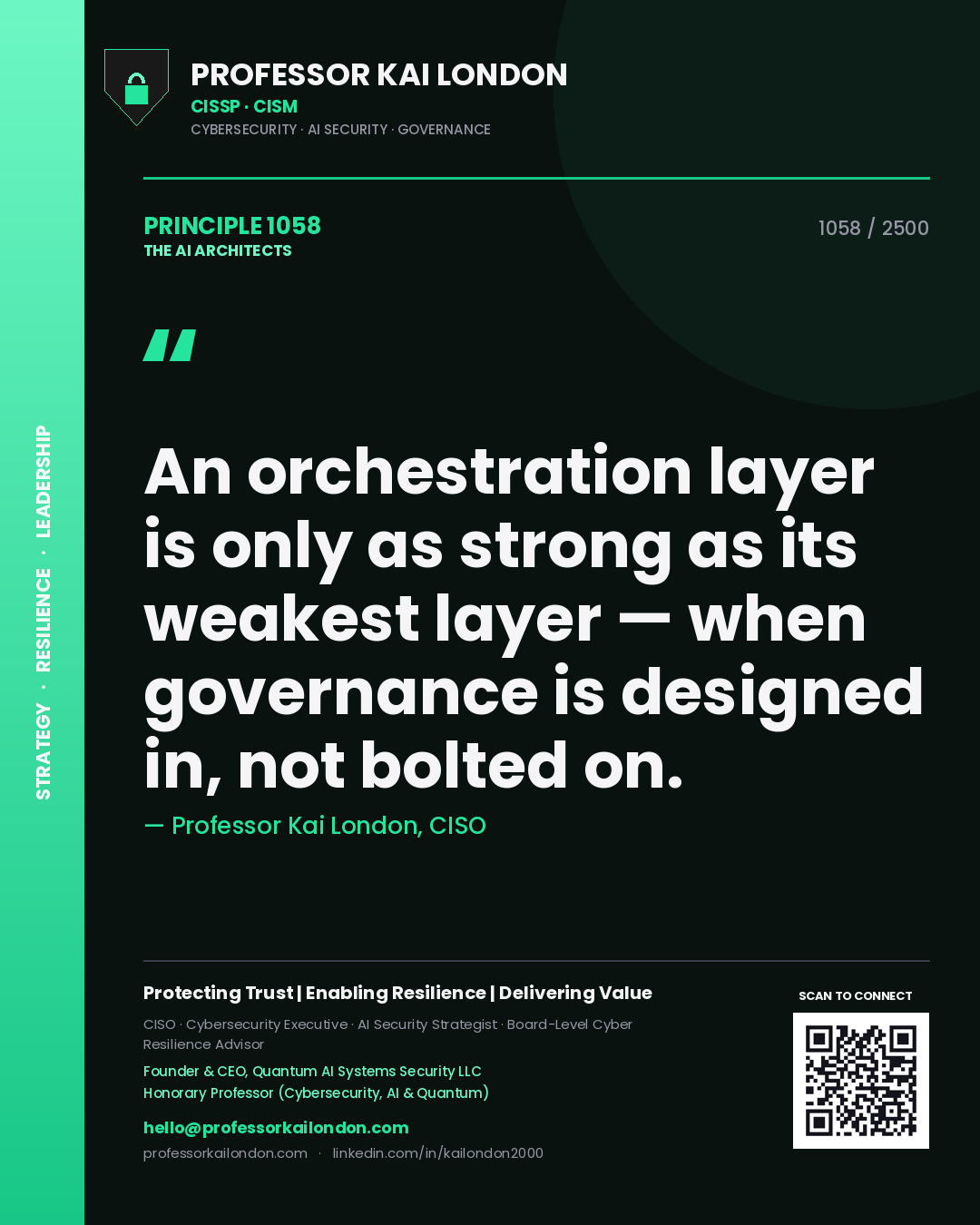 Professor Kai London principle 1058: An orchestration layer is only as strong as its weakest layer — when governance is designed in, not bolted on.