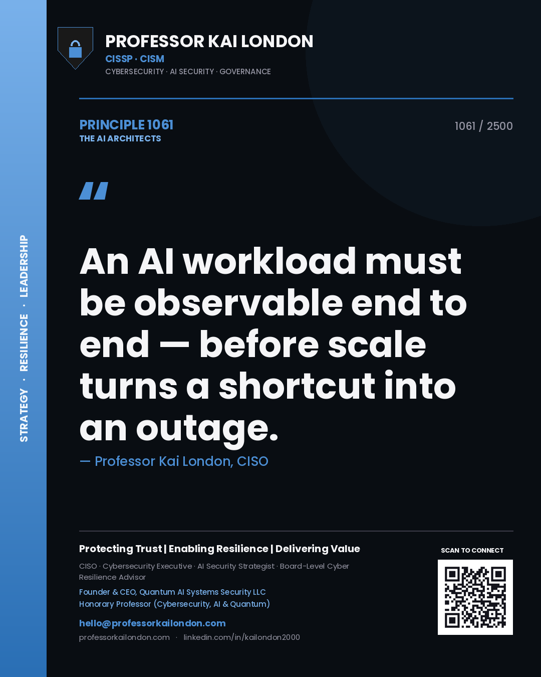 Professor Kai London principle 1061: An AI workload must be observable end to end — before scale turns a shortcut into an outage.