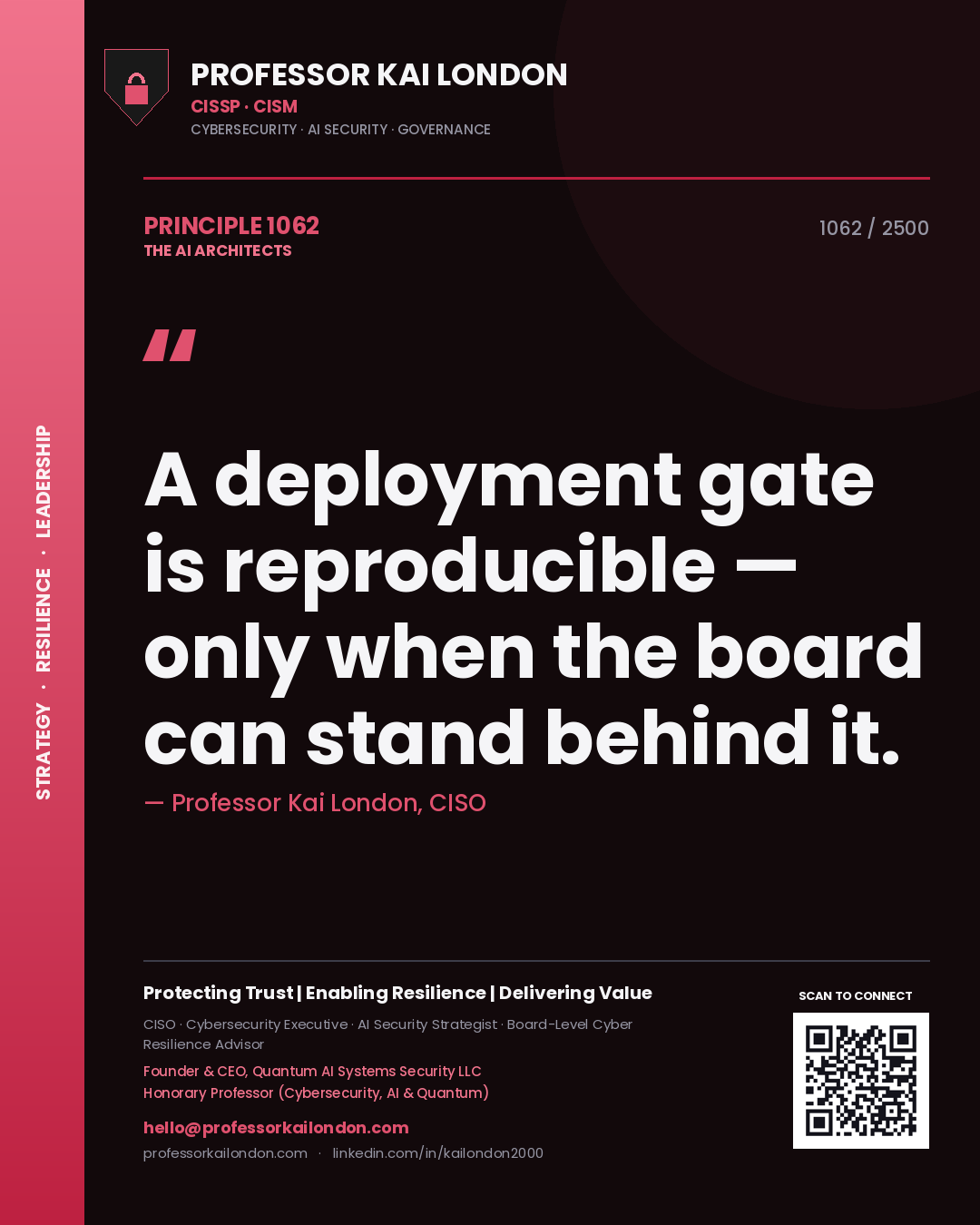 Professor Kai London principle 1062: A deployment gate is reproducible — only when the board can stand behind it.