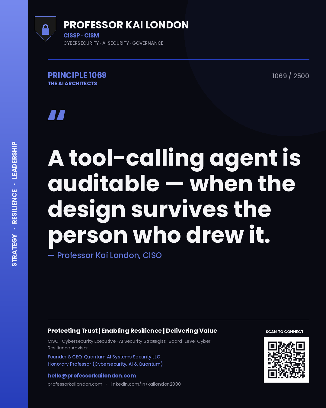 Professor Kai London principle 1069: A tool-calling agent is auditable — when the design survives the person who drew it.