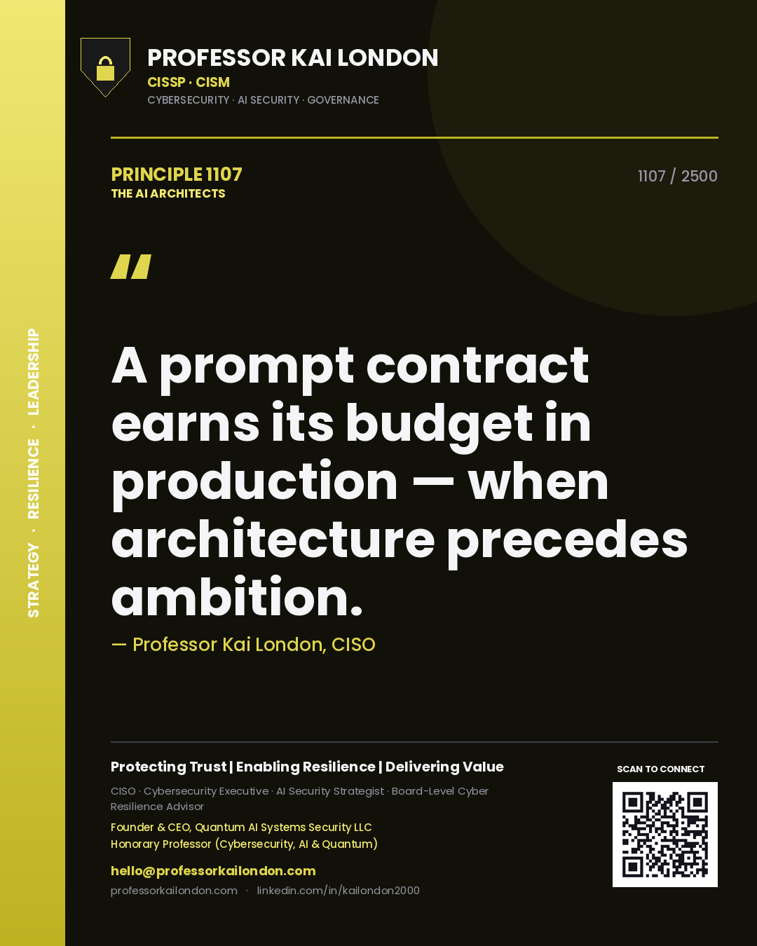 Professor Kai London principle 1107: A prompt contract earns its budget in production — when architecture precedes ambition.