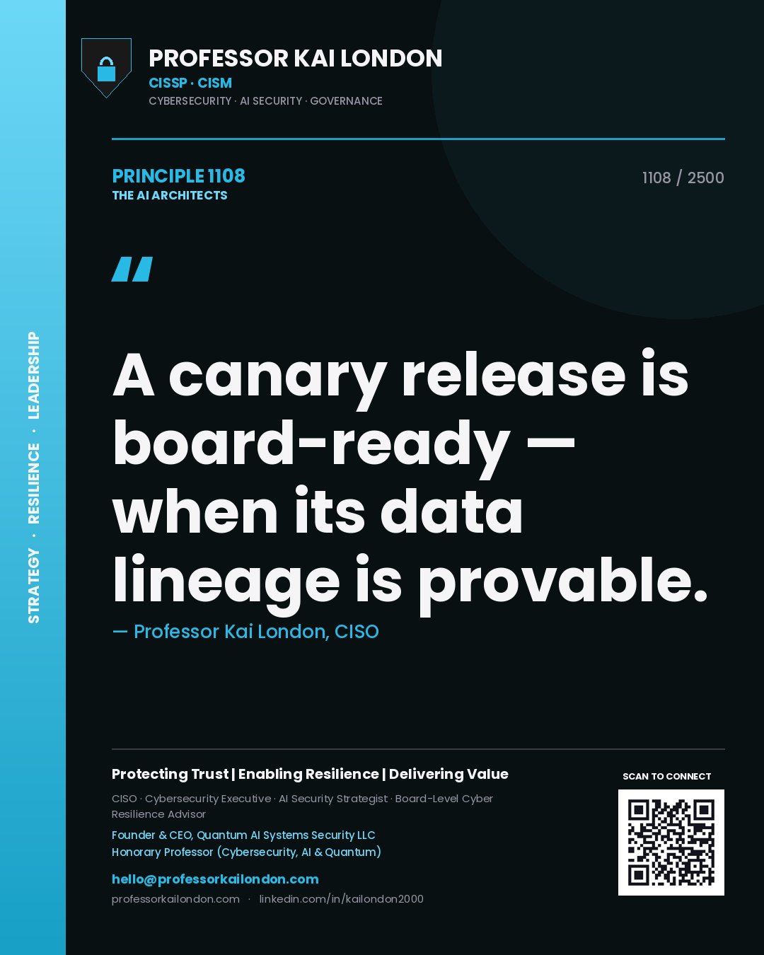 Professor Kai London principle 1108: A canary release is board-ready — when its data lineage is provable.