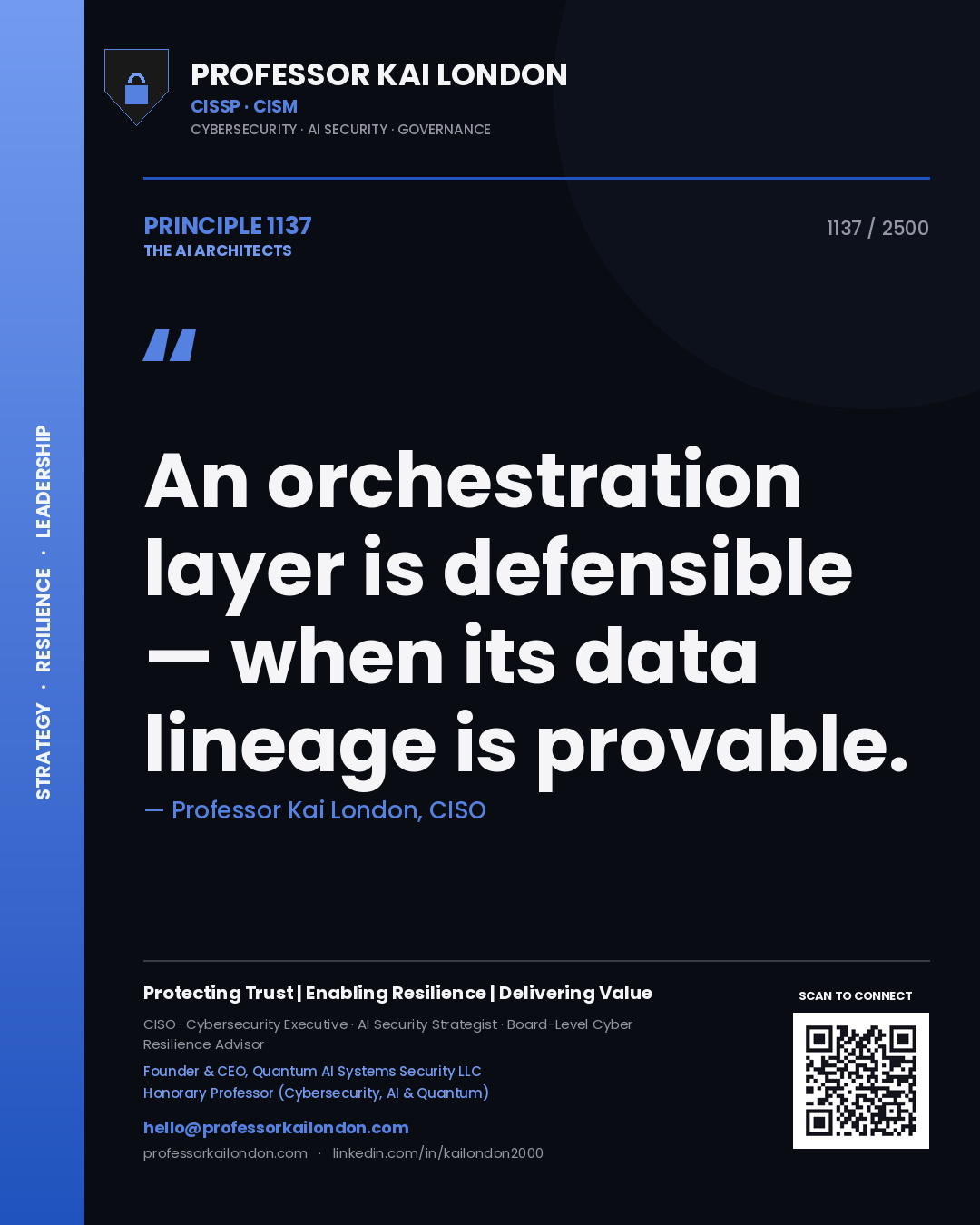 Professor Kai London principle 1137: An orchestration layer is defensible — when its data lineage is provable.
