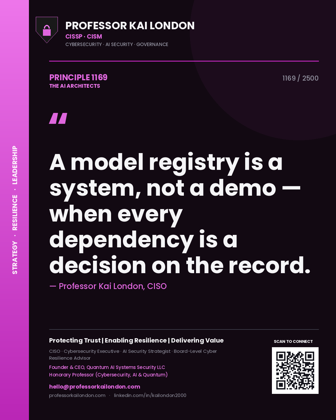 Professor Kai London principle 1169: A model registry is a system, not a demo — when every dependency is a decision on the record.