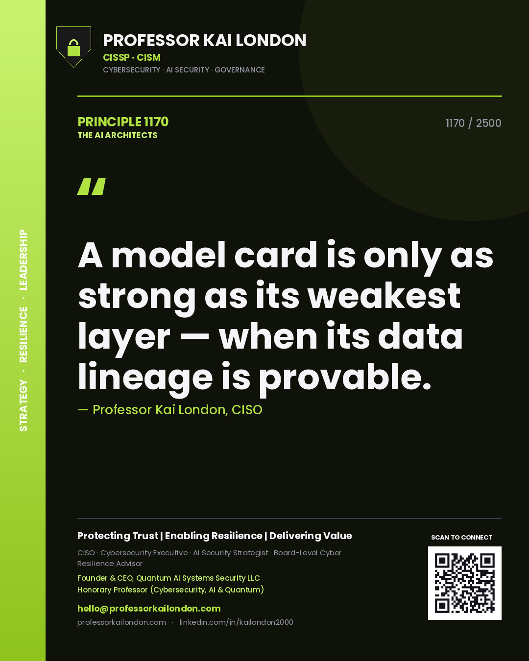 Professor Kai London principle 1170: A model card is only as strong as its weakest layer — when its data lineage is provable.