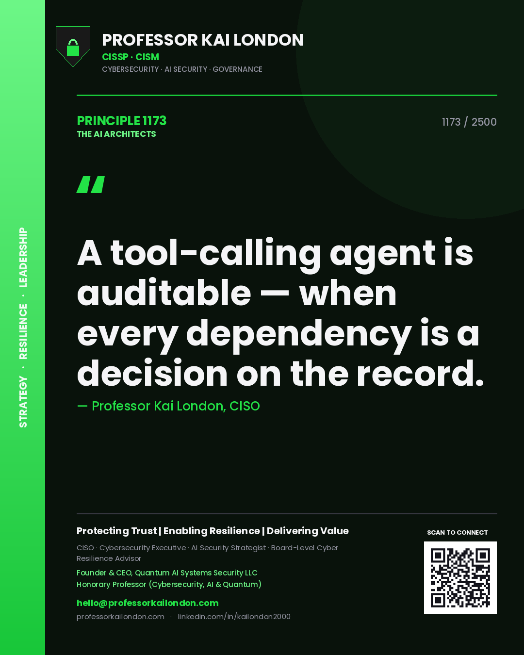Professor Kai London principle 1173: A tool-calling agent is auditable — when every dependency is a decision on the record.