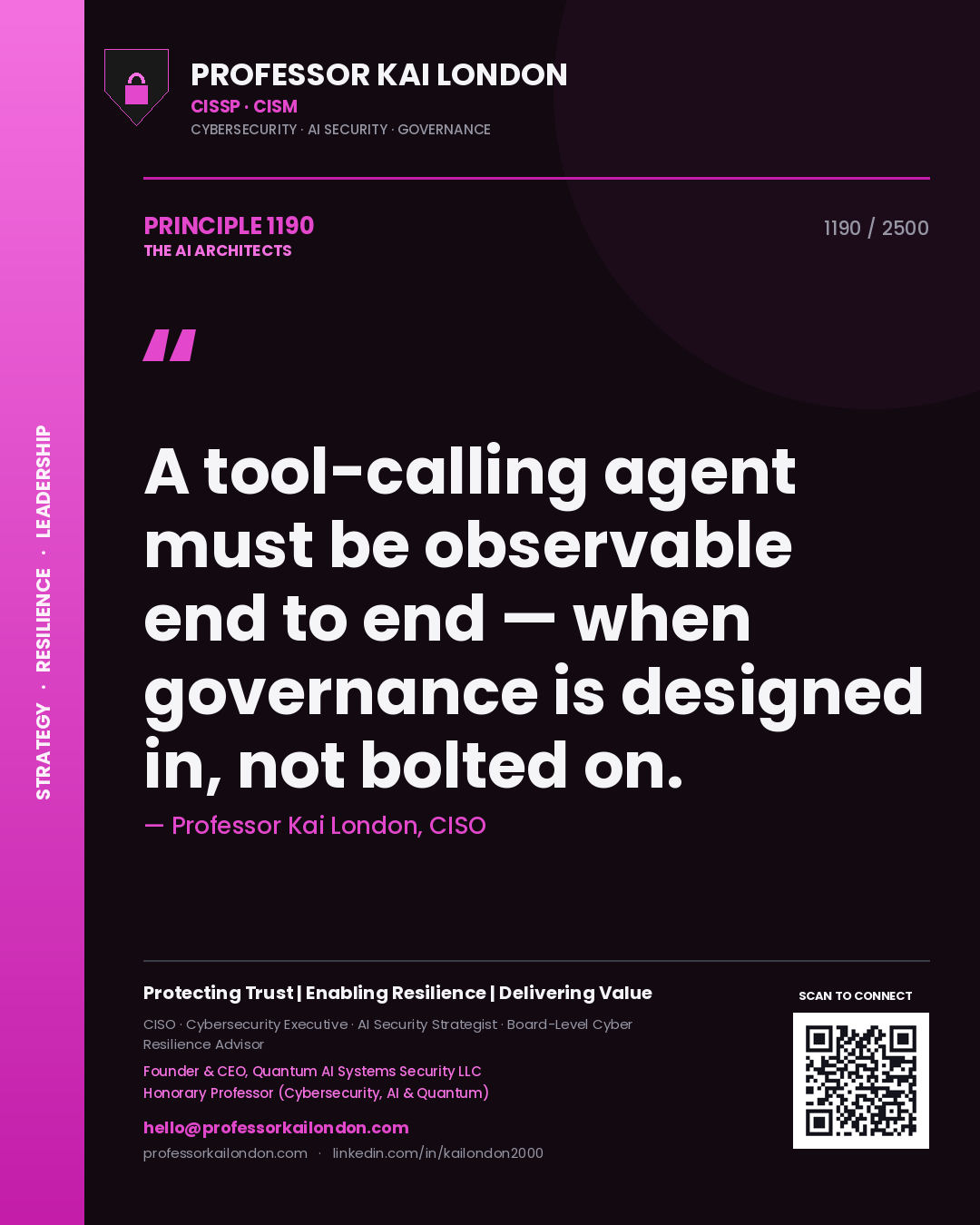 Professor Kai London principle 1190: A tool-calling agent must be observable end to end — when governance is designed in, not bolted on.