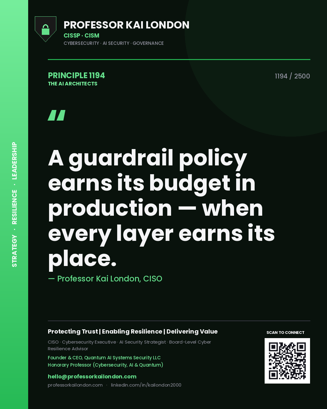 Professor Kai London principle 1194: A guardrail policy earns its budget in production — when every layer earns its place.