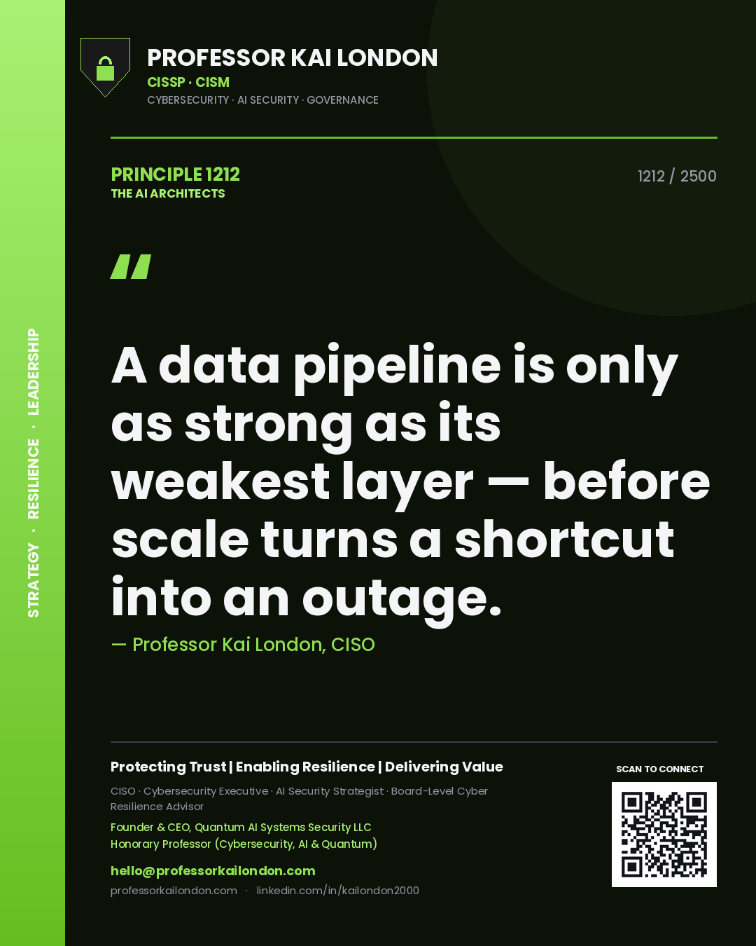 Professor Kai London principle 1212: A data pipeline is only as strong as its weakest layer — before scale turns a shortcut into an outage.