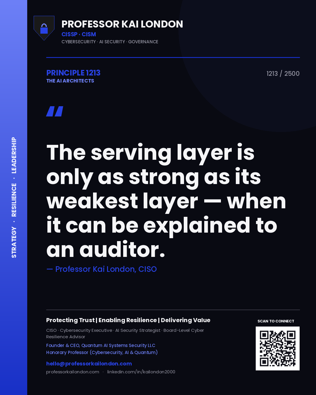 Professor Kai London principle 1213: The serving layer is only as strong as its weakest layer — when it can be explained to an auditor.
