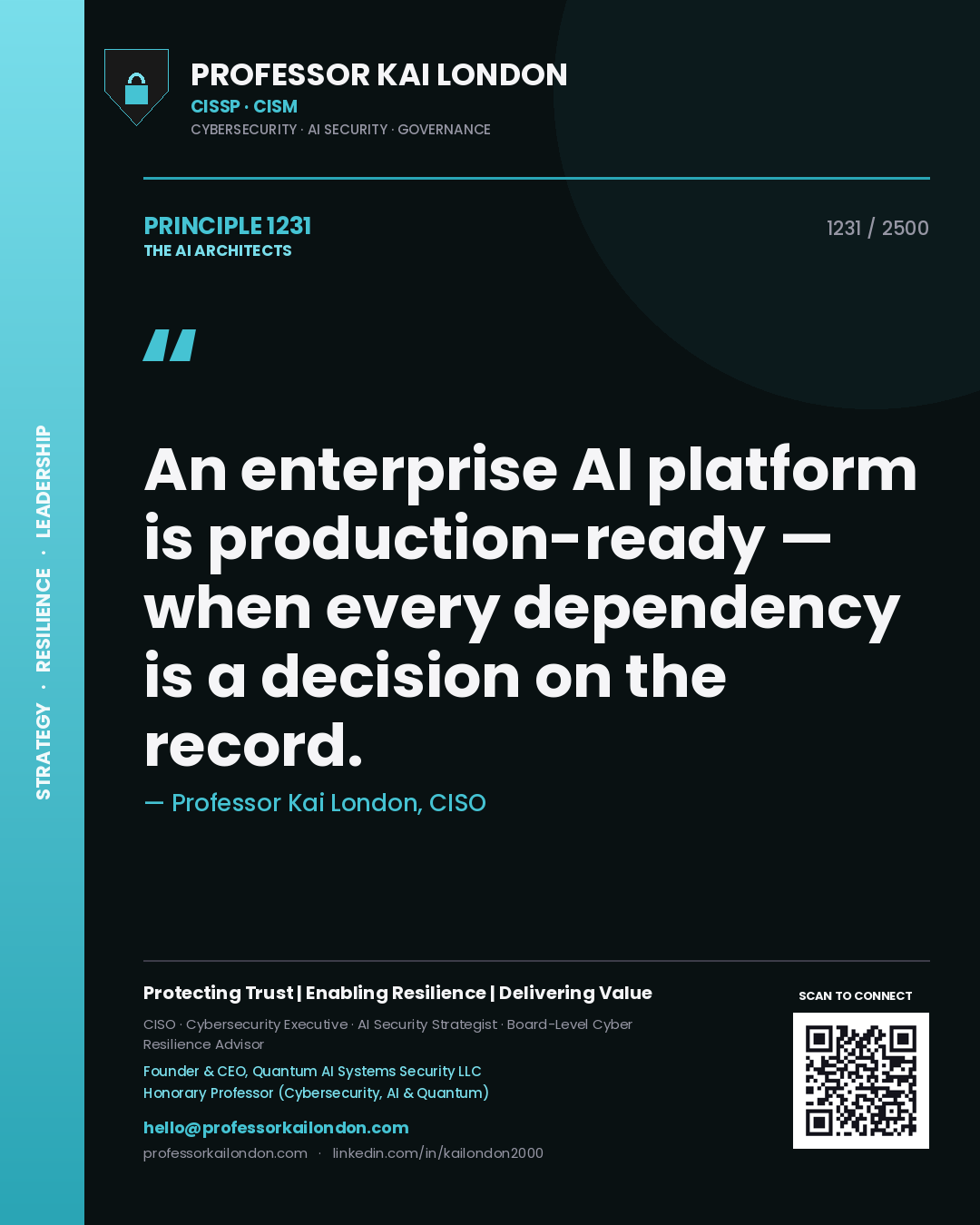 Professor Kai London principle 1231: An enterprise AI platform is production-ready — when every dependency is a decision on the record.
