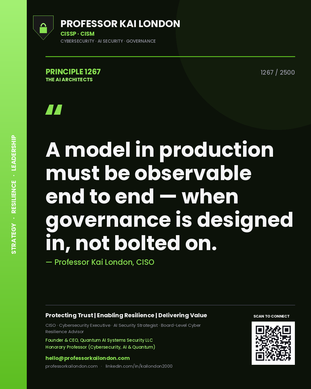 Professor Kai London principle 1267: A model in production must be observable end to end — when governance is designed in, not bolted on.