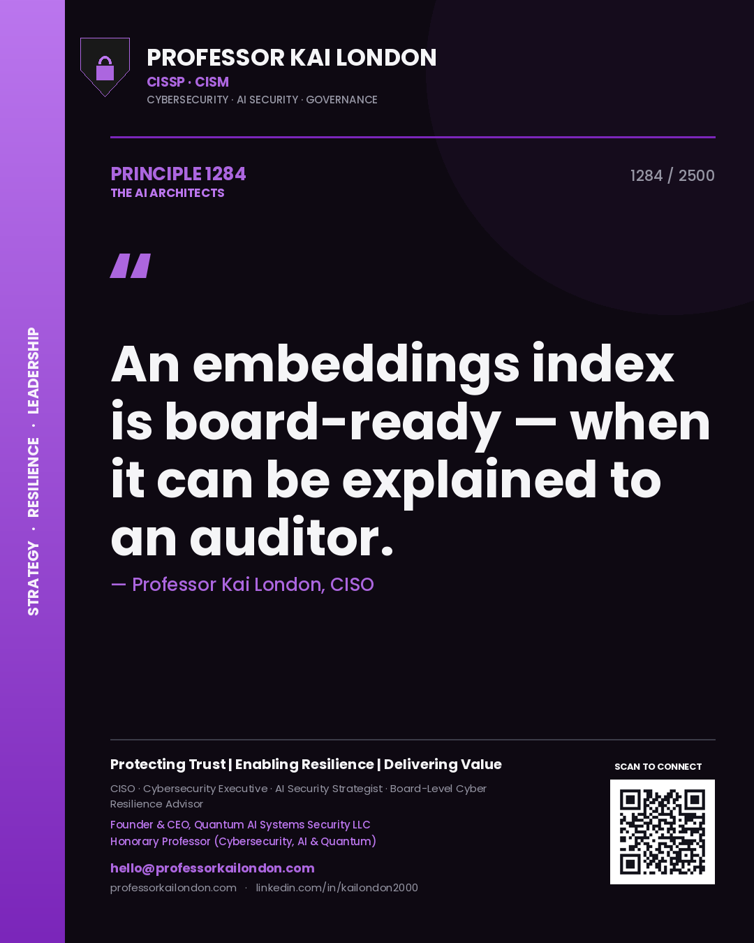 Professor Kai London principle 1284: An embeddings index is board-ready — when it can be explained to an auditor.
