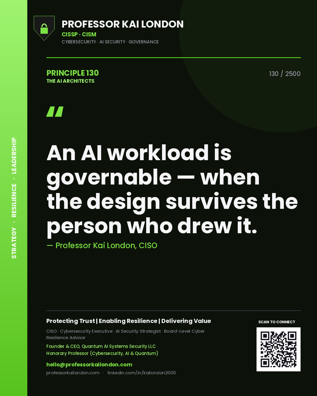 Professor Kai London principle 130: An AI workload is governable — when the design survives the person who drew it.