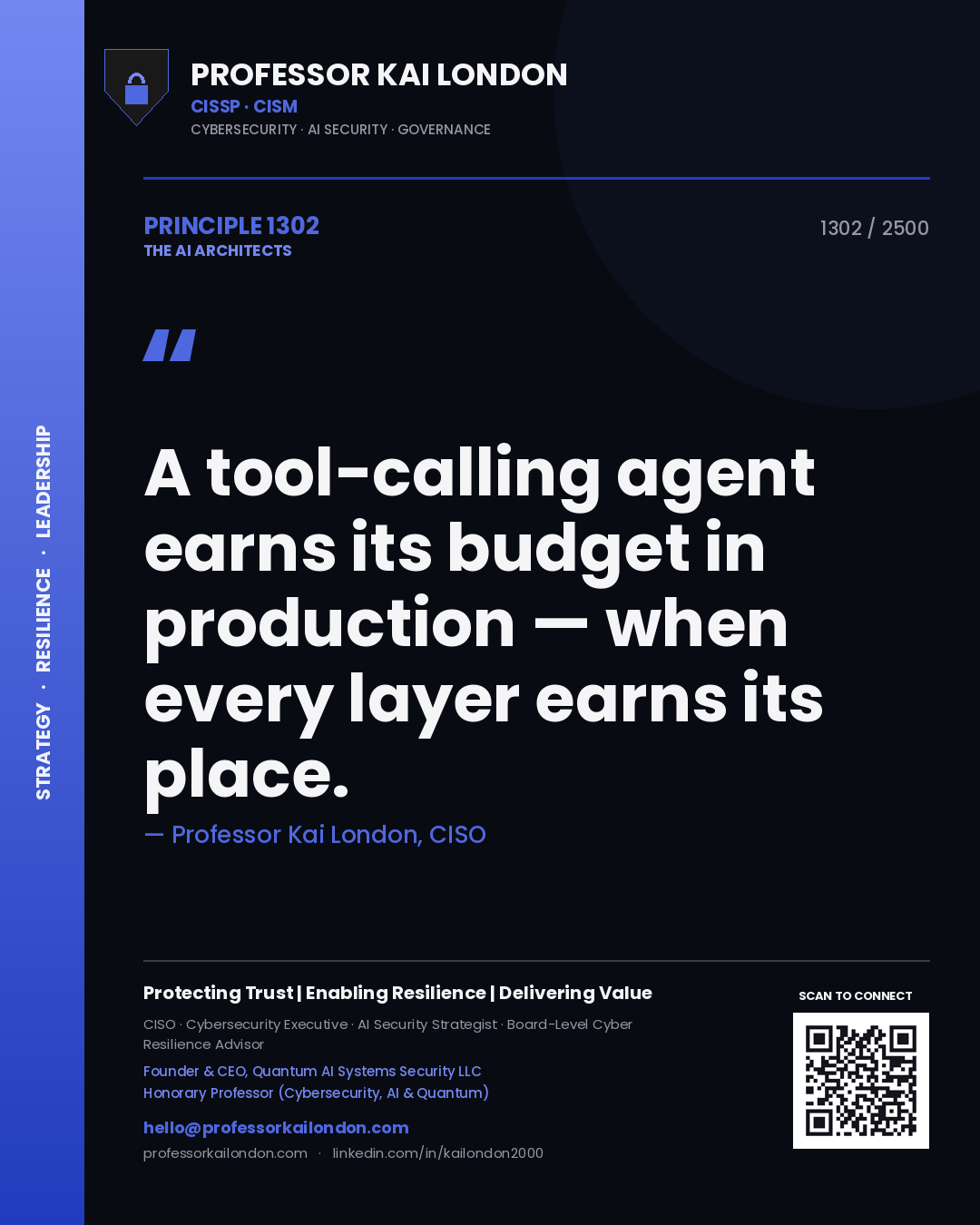 Professor Kai London principle 1302: A tool-calling agent earns its budget in production — when every layer earns its place.