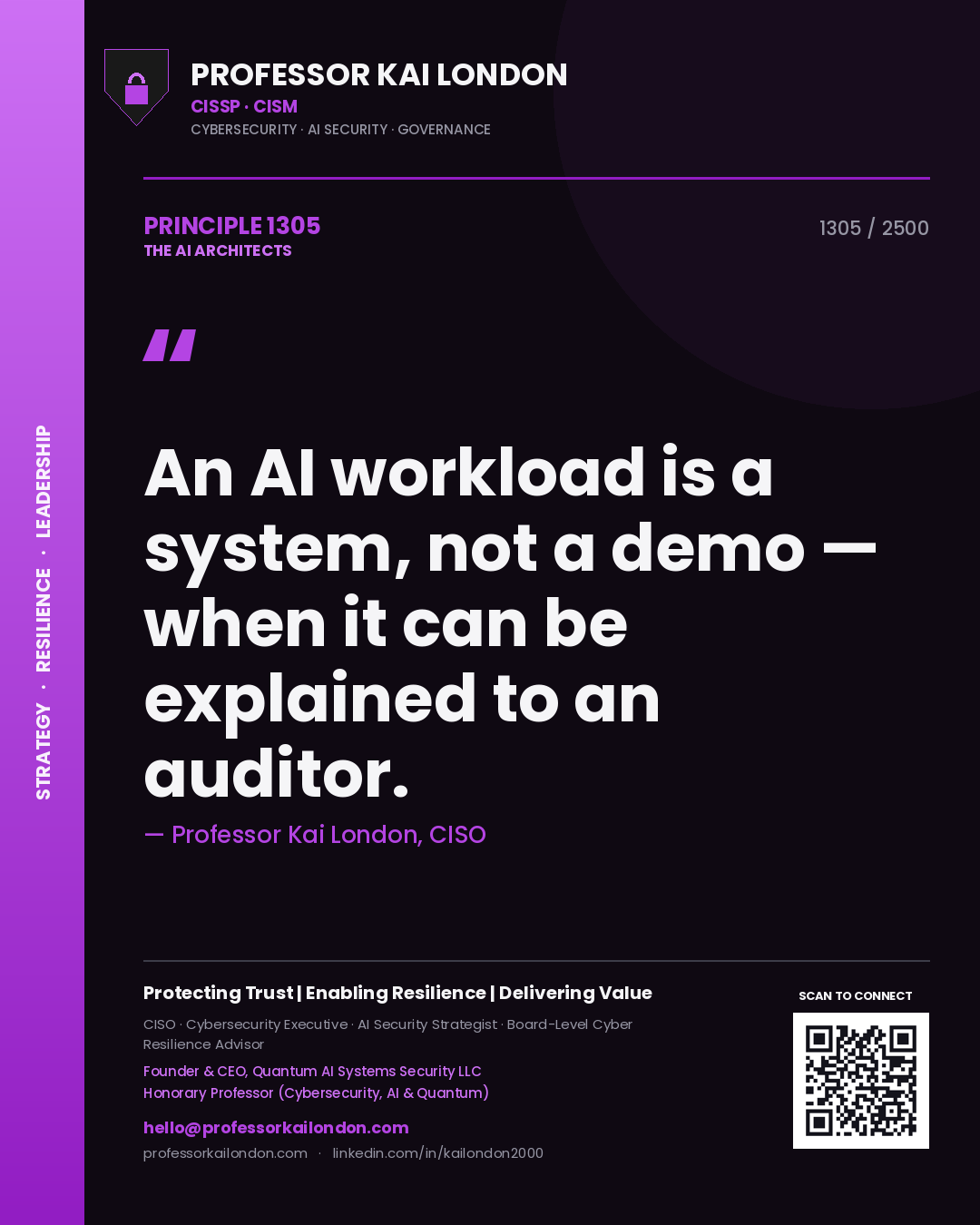 Professor Kai London principle 1305: An AI workload is a system, not a demo — when it can be explained to an auditor.