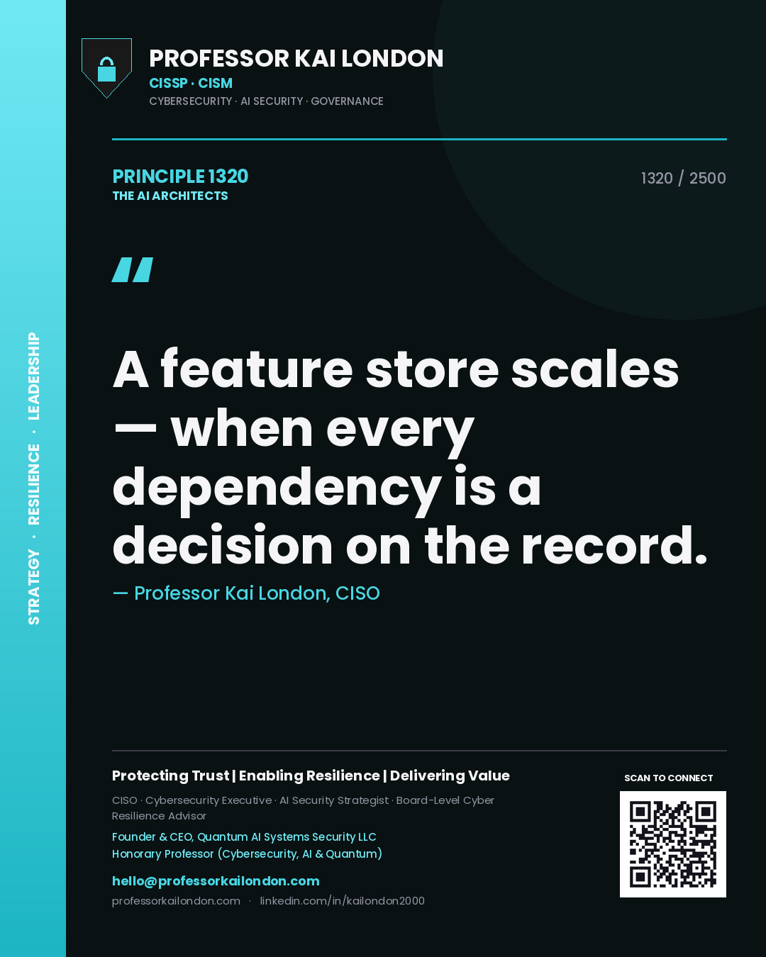 Professor Kai London principle 1320: A feature store scales — when every dependency is a decision on the record.