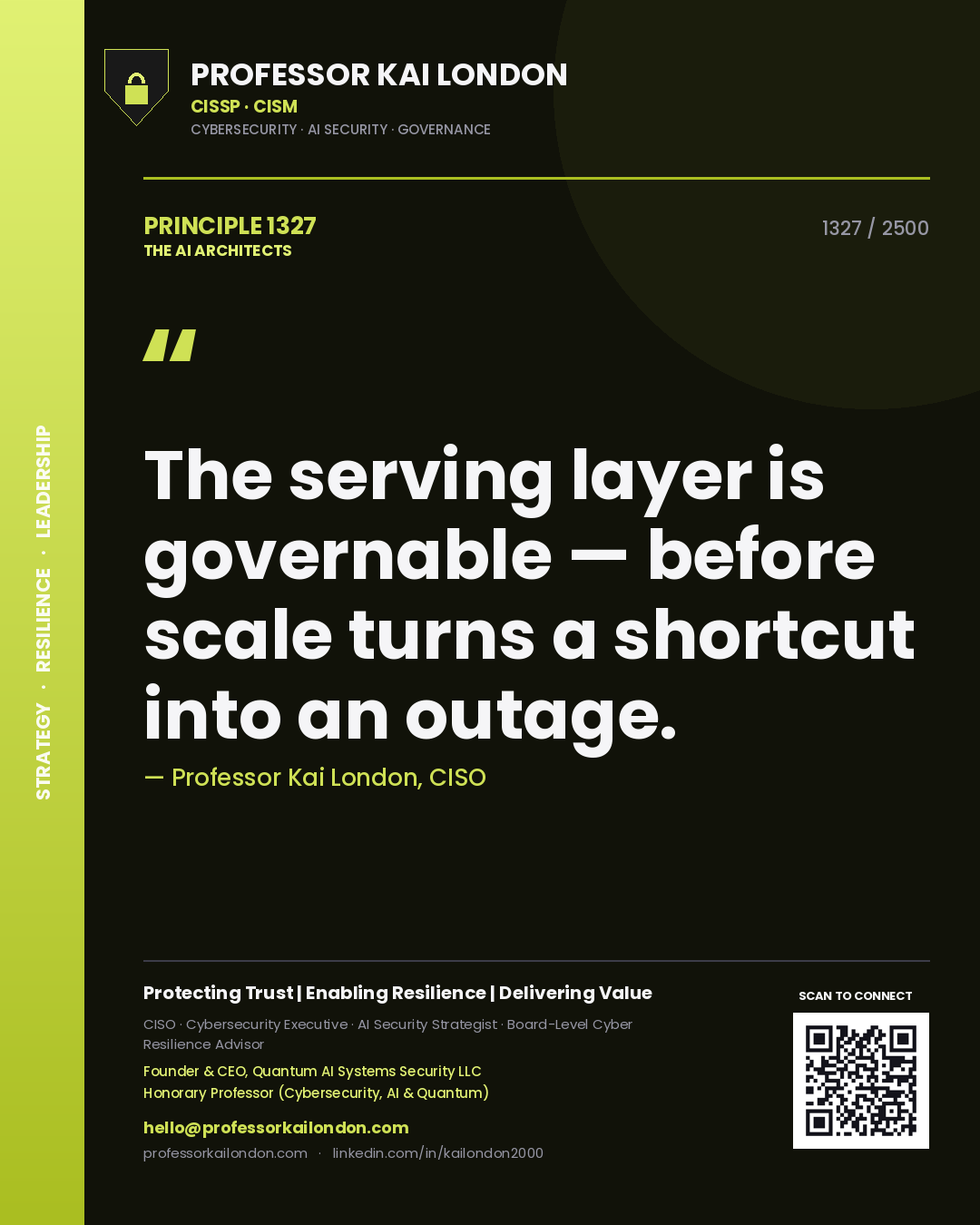 Professor Kai London principle 1327: The serving layer is governable — before scale turns a shortcut into an outage.