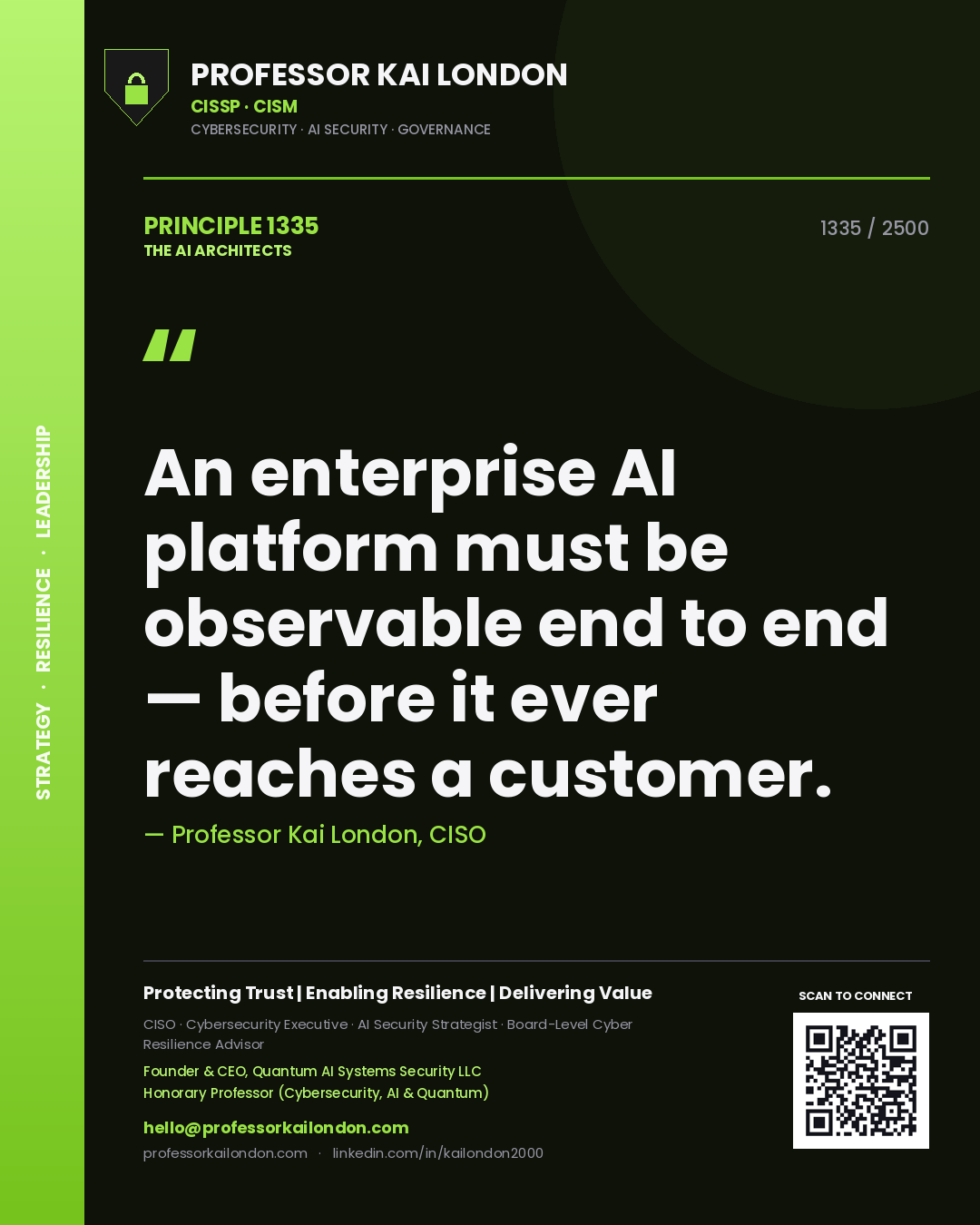 Professor Kai London principle 1335: An enterprise AI platform must be observable end to end — before it ever reaches a customer.