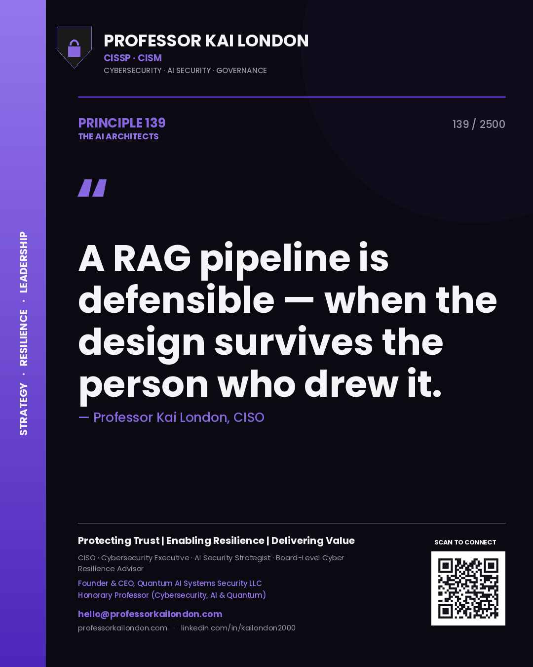 Professor Kai London principle 139: A RAG pipeline is defensible — when the design survives the person who drew it.