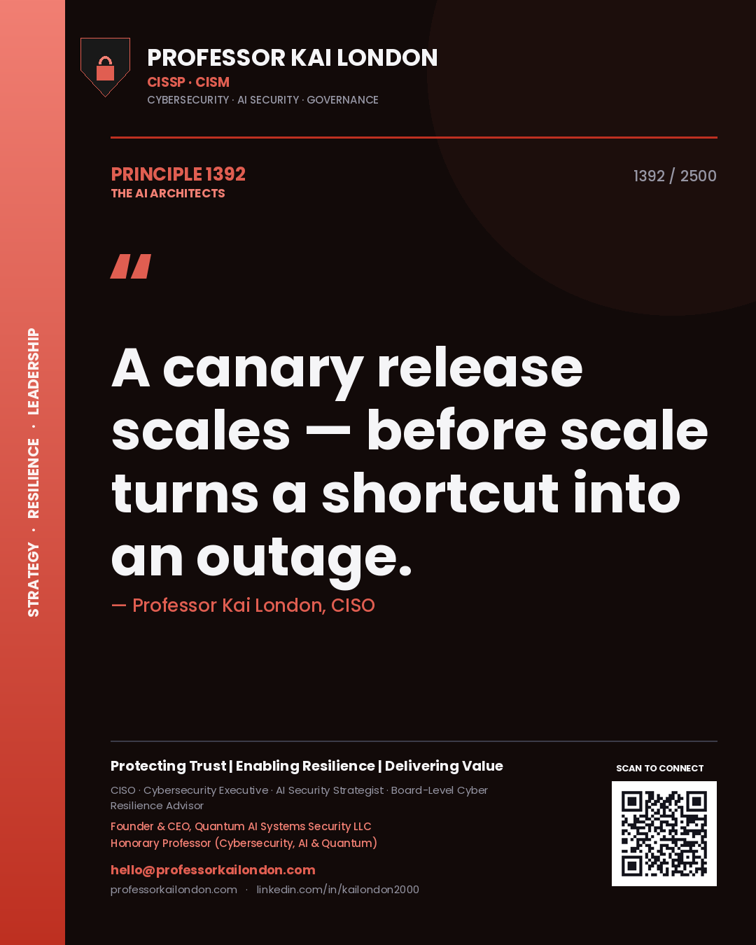 Professor Kai London principle 1392: A canary release scales — before scale turns a shortcut into an outage.