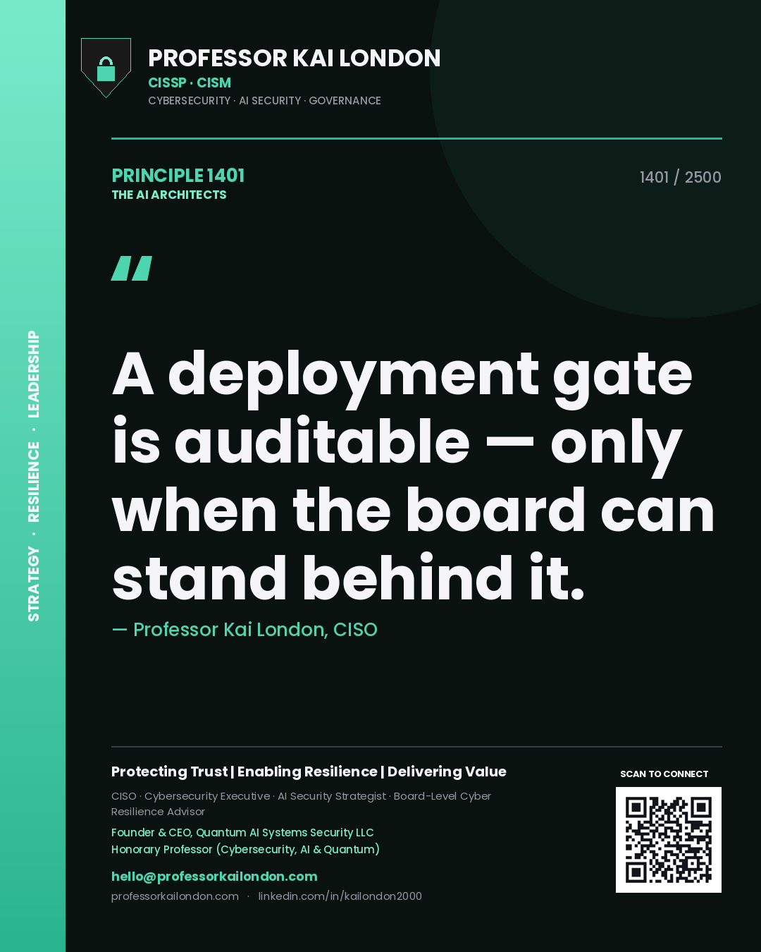 Professor Kai London principle 1401: A deployment gate is auditable — only when the board can stand behind it.