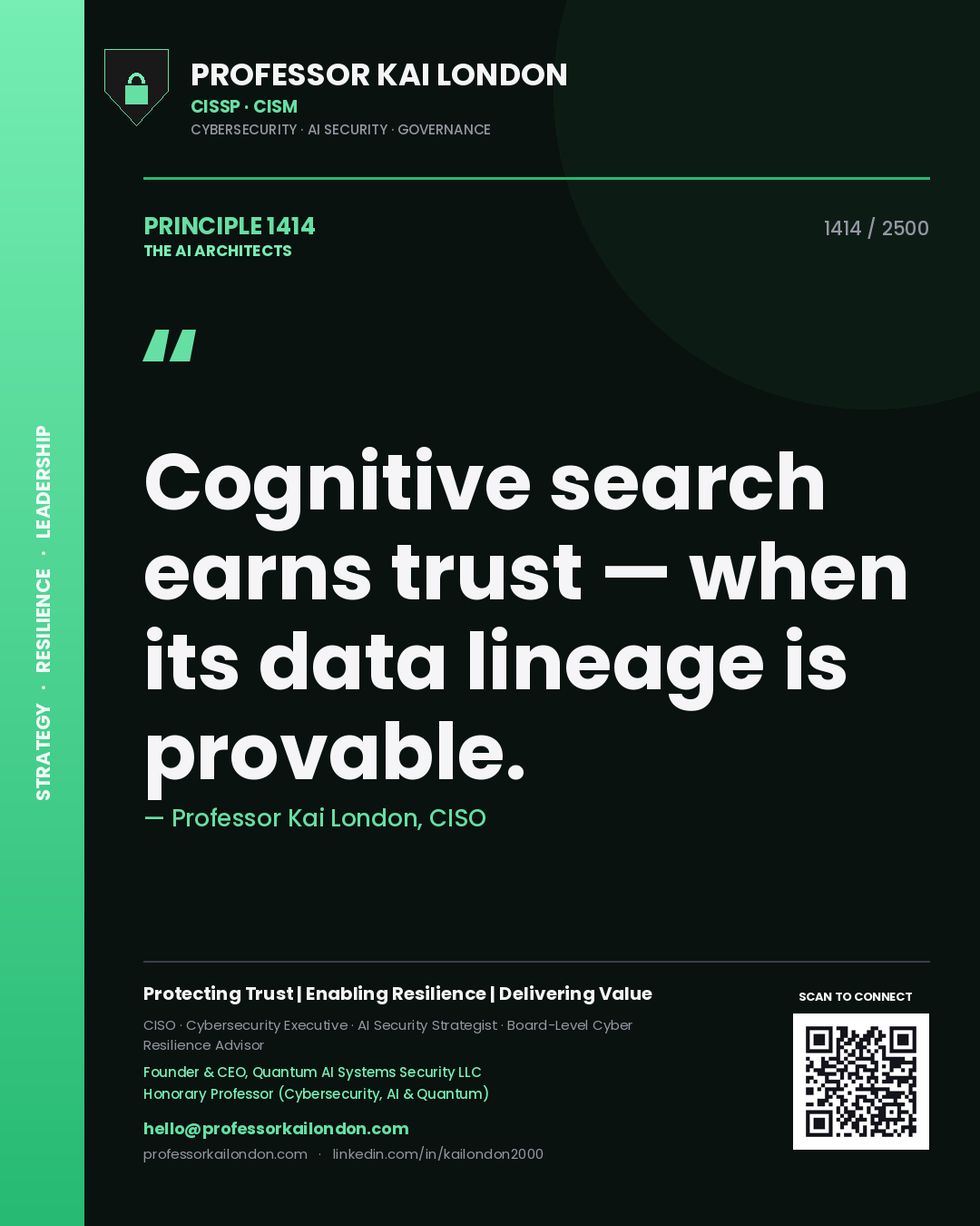 Professor Kai London principle 1414: Cognitive search earns trust — when its data lineage is provable.
