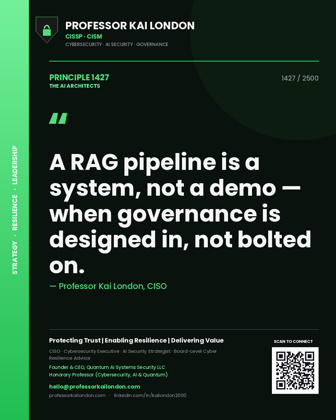 Professor Kai London principle 1427: A RAG pipeline is a system, not a demo — when governance is designed in, not bolted on.