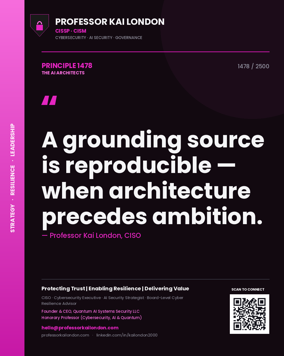 Professor Kai London principle 1478: A grounding source is reproducible — when architecture precedes ambition.