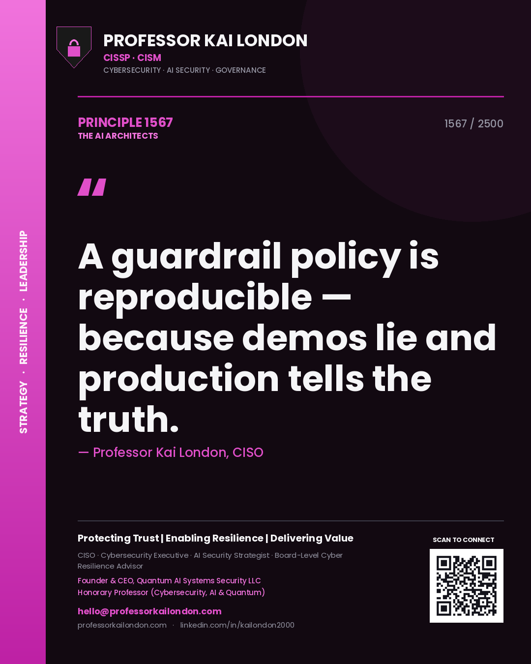Professor Kai London principle 1567: A guardrail policy is reproducible — because demos lie and production tells the truth.