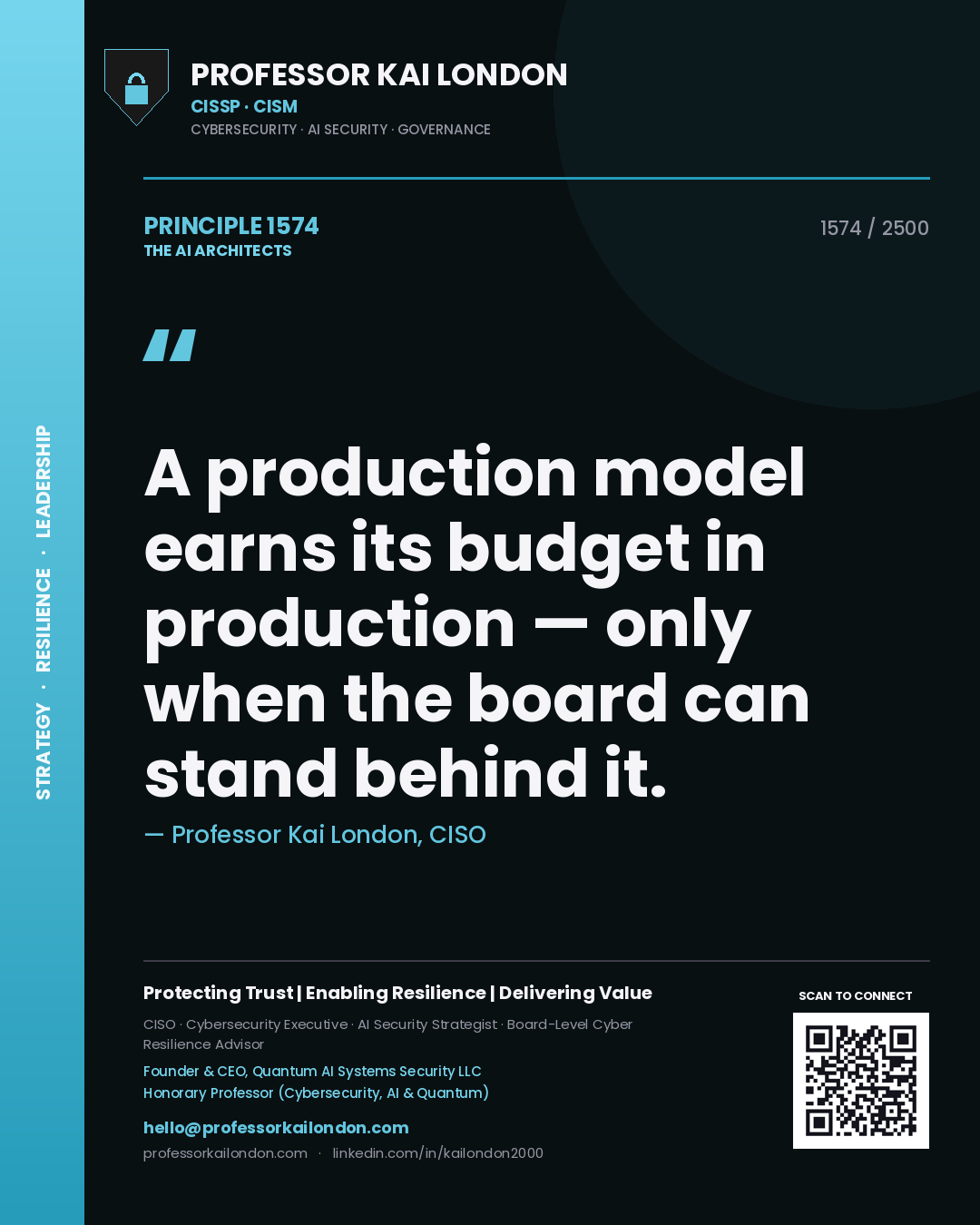 Professor Kai London principle 1574: A production model earns its budget in production — only when the board can stand behind it.