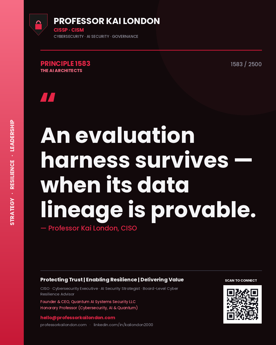 Professor Kai London principle 1583: An evaluation harness survives — when its data lineage is provable.