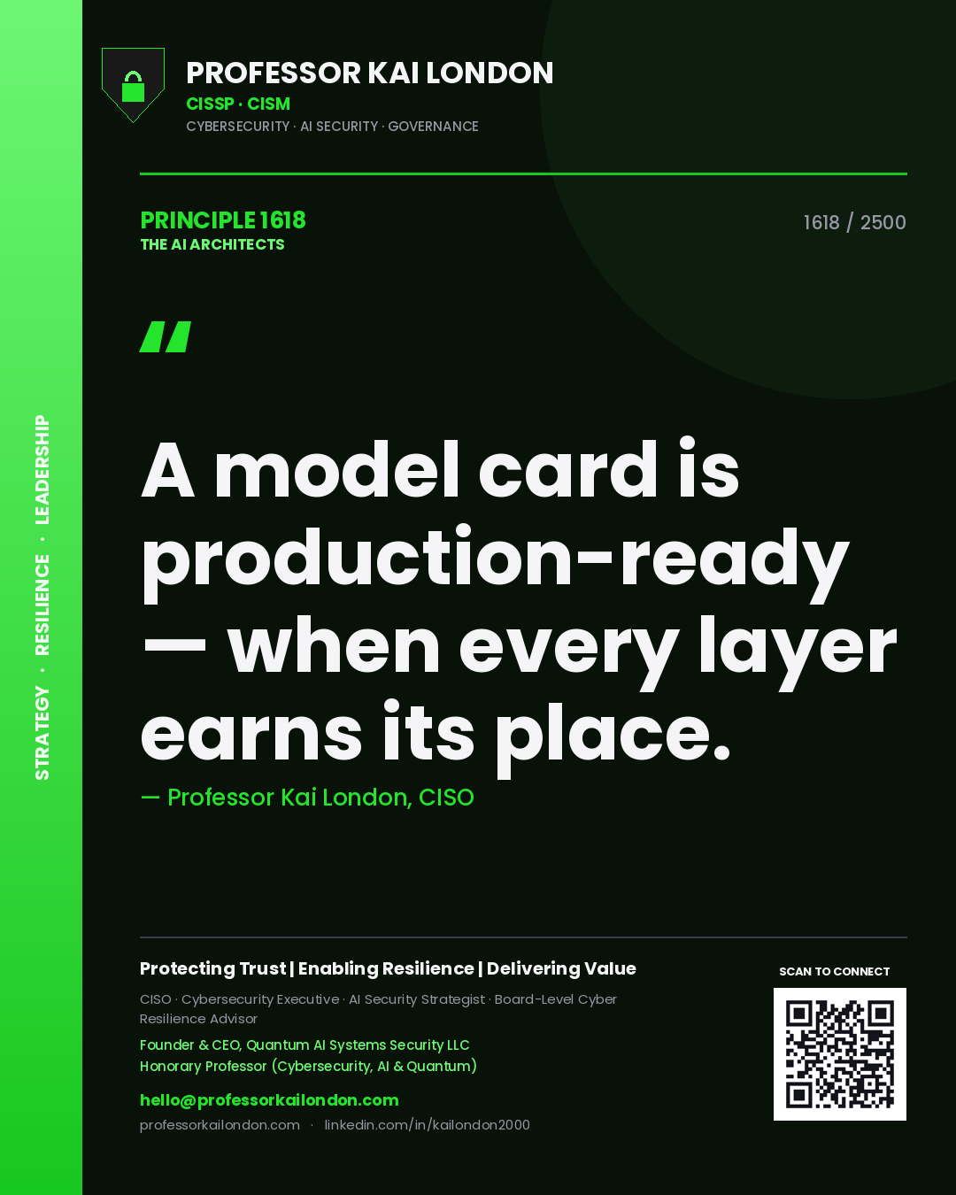 Professor Kai London principle 1618: A model card is production-ready — when every layer earns its place.