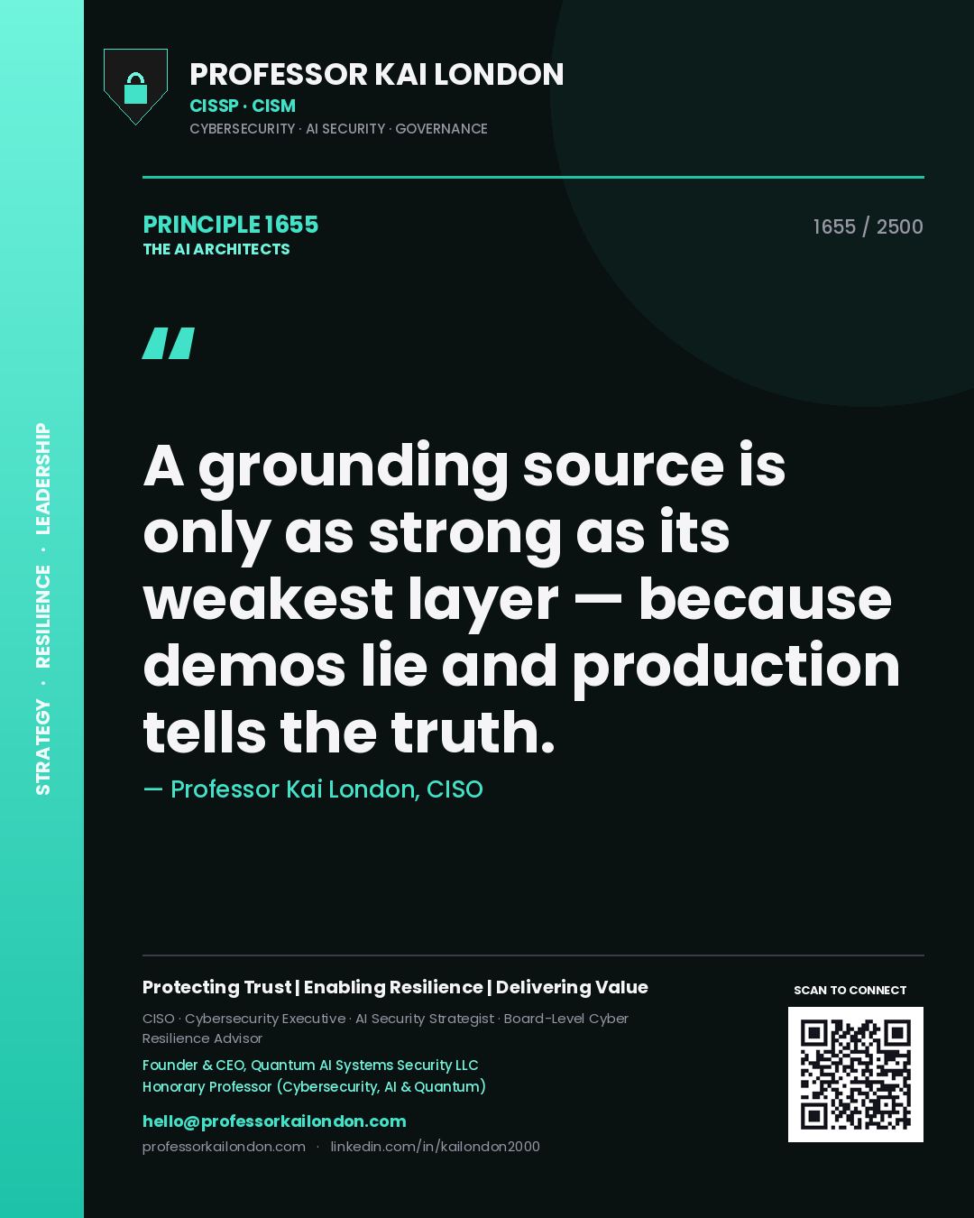 Professor Kai London principle 1655: A grounding source is only as strong as its weakest layer — because demos lie and production tells the truth.