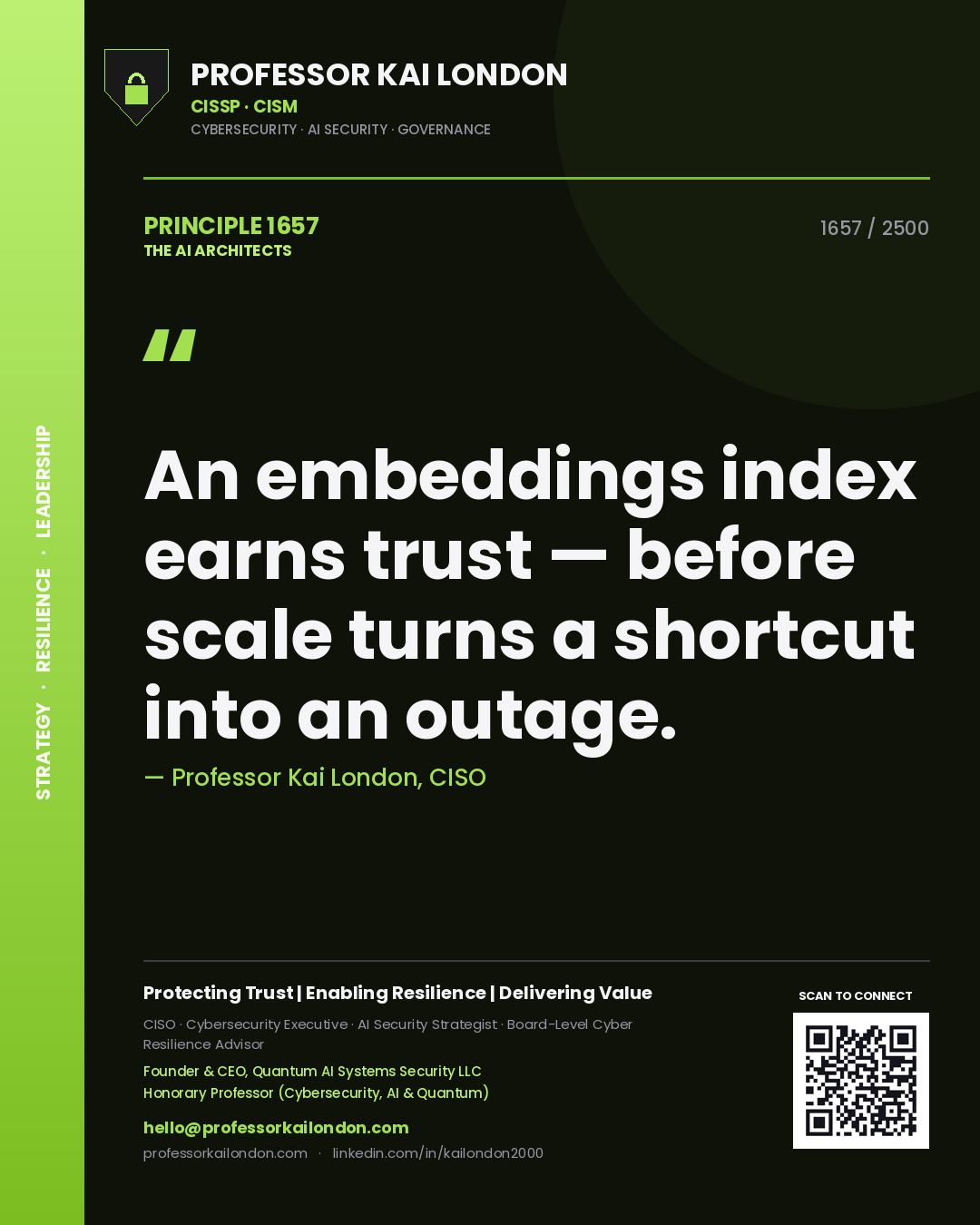 Professor Kai London principle 1657: An embeddings index earns trust — before scale turns a shortcut into an outage.