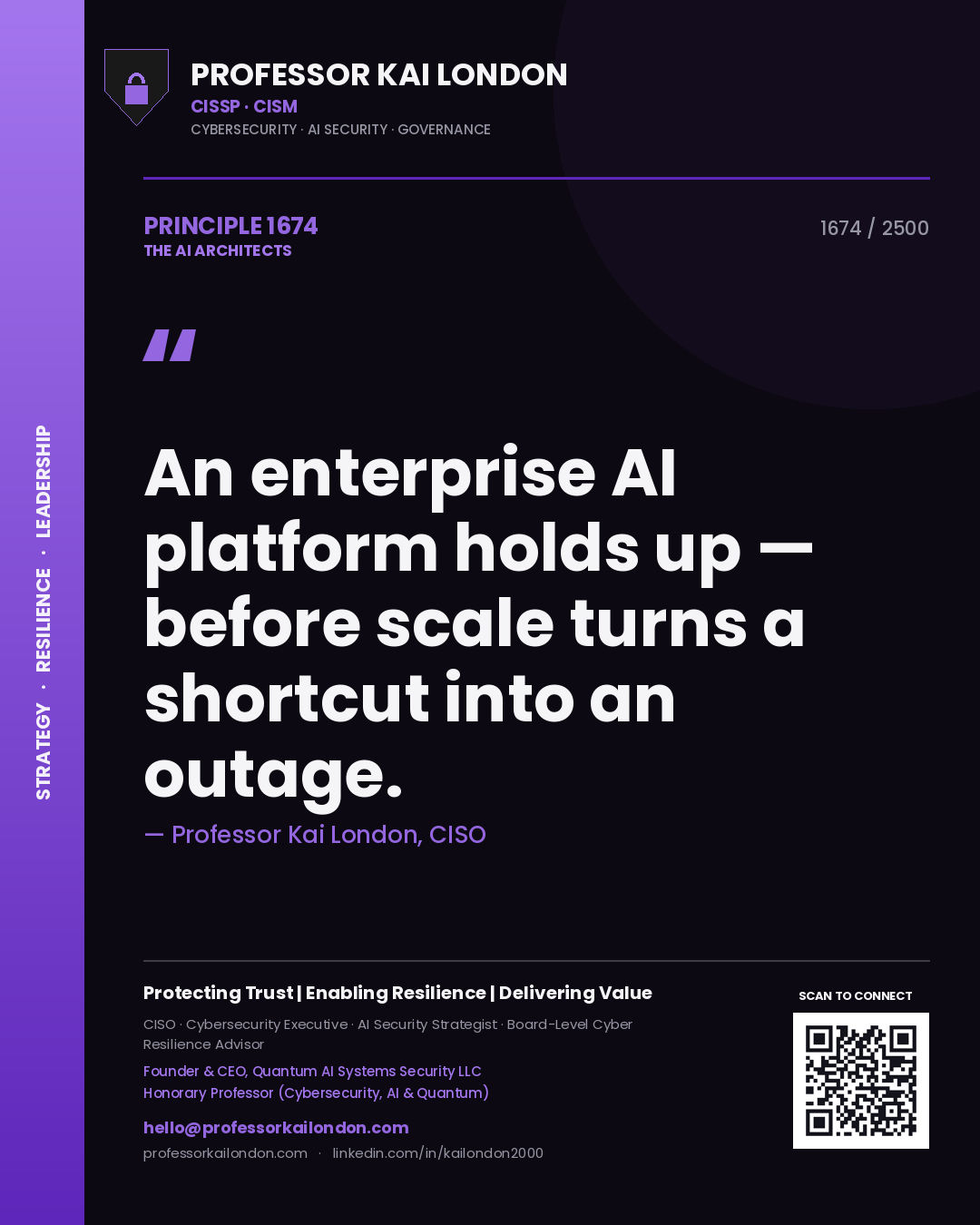 Professor Kai London principle 1674: An enterprise AI platform holds up — before scale turns a shortcut into an outage.