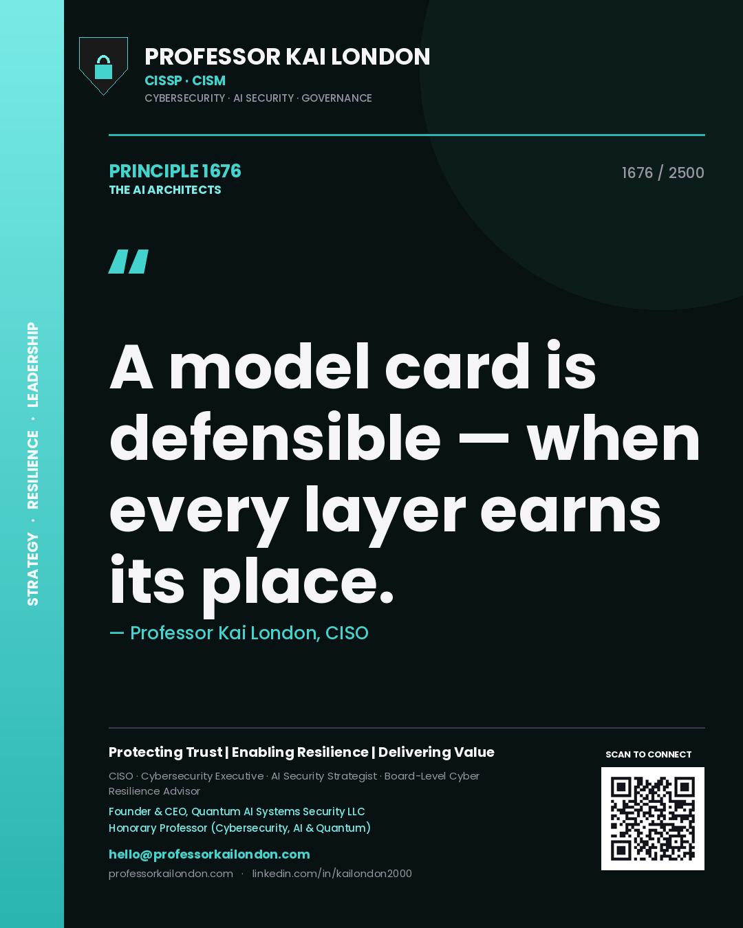 Professor Kai London principle 1676: A model card is defensible — when every layer earns its place.