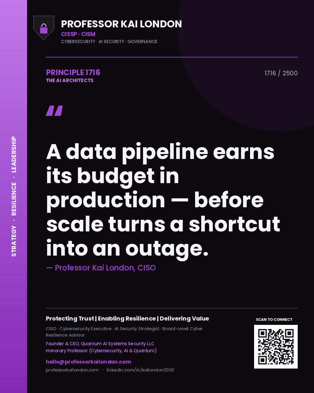 Professor Kai London principle 1716: A data pipeline earns its budget in production — before scale turns a shortcut into an outage.