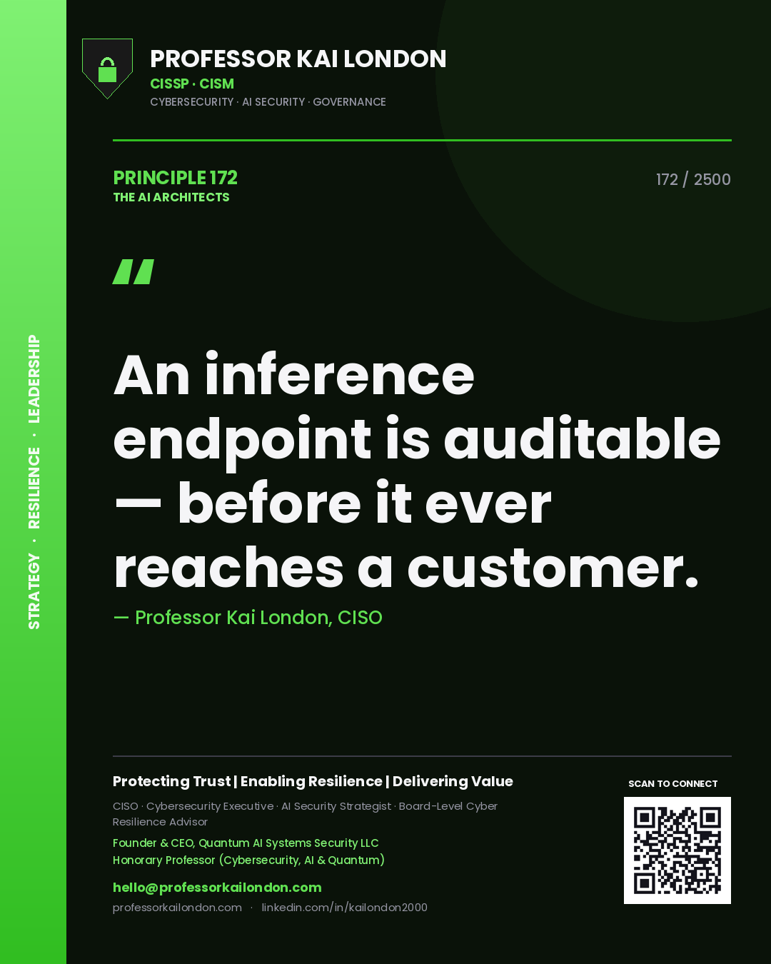 Professor Kai London principle 172: An inference endpoint is auditable — before it ever reaches a customer.