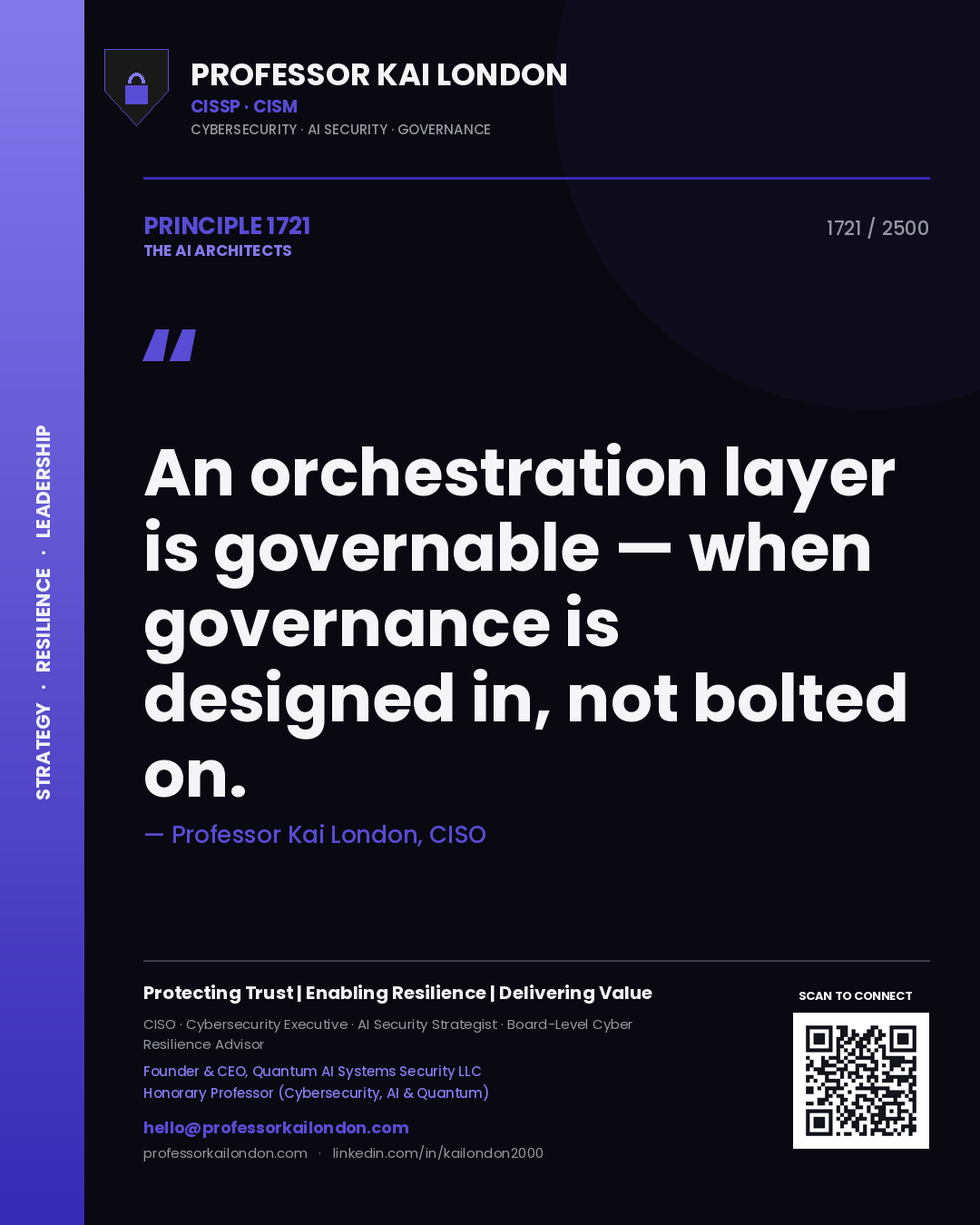 Professor Kai London principle 1721: An orchestration layer is governable — when governance is designed in, not bolted on.